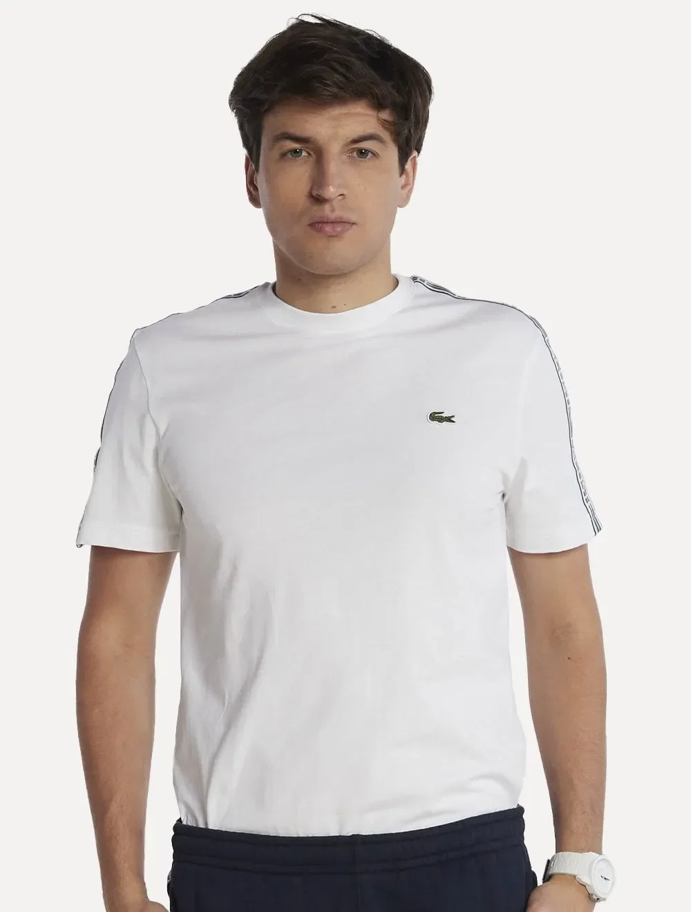 Camiseta Lacoste Masculina Regular Fit Listrada Logo Branca