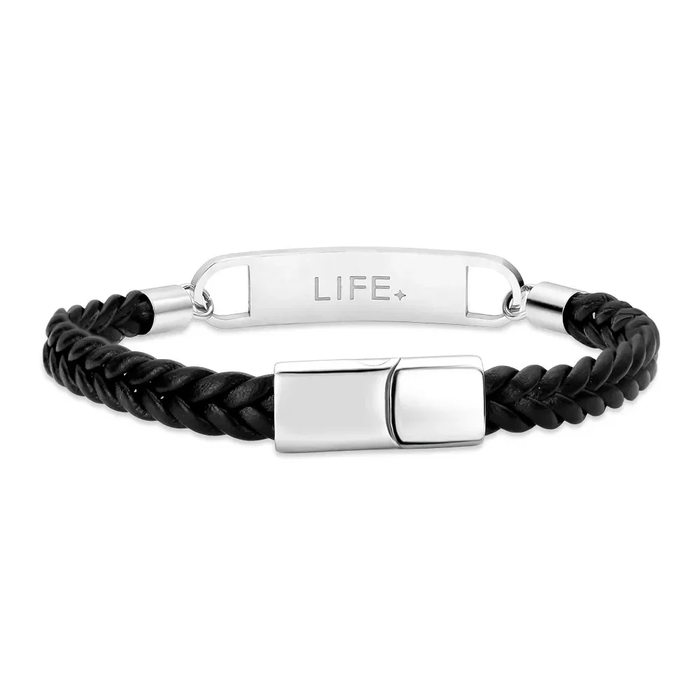 Pulseira Life Placa em Couro Preto com Aço