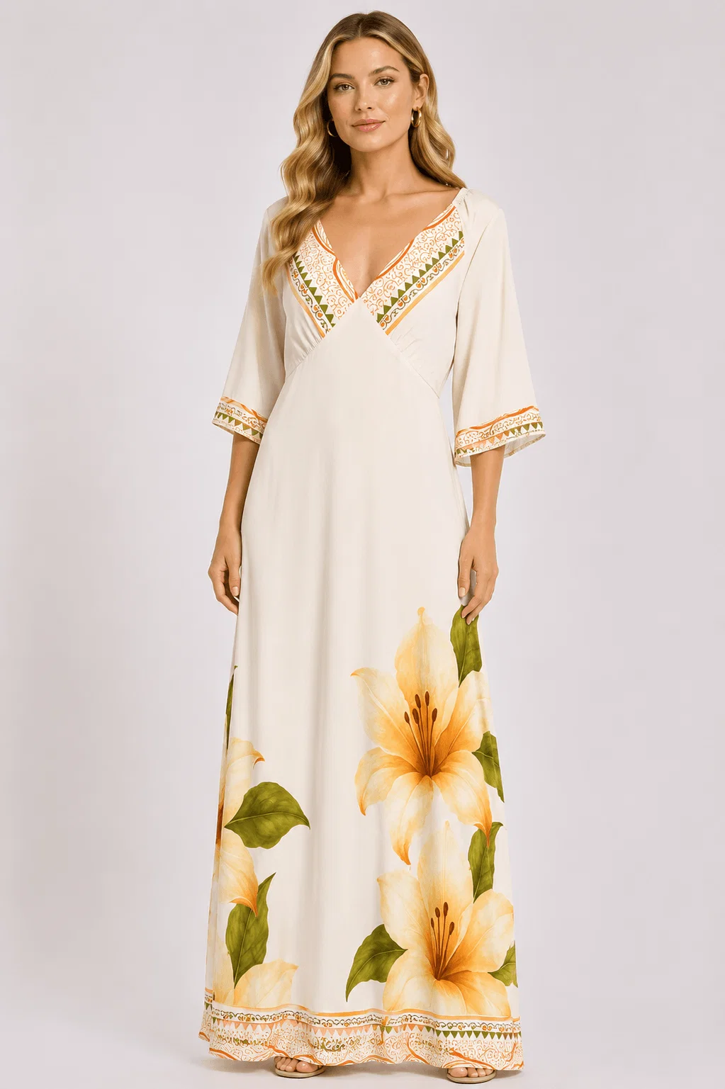Vestido Longo Estampado Lírio Solar - Areia — imagem 1