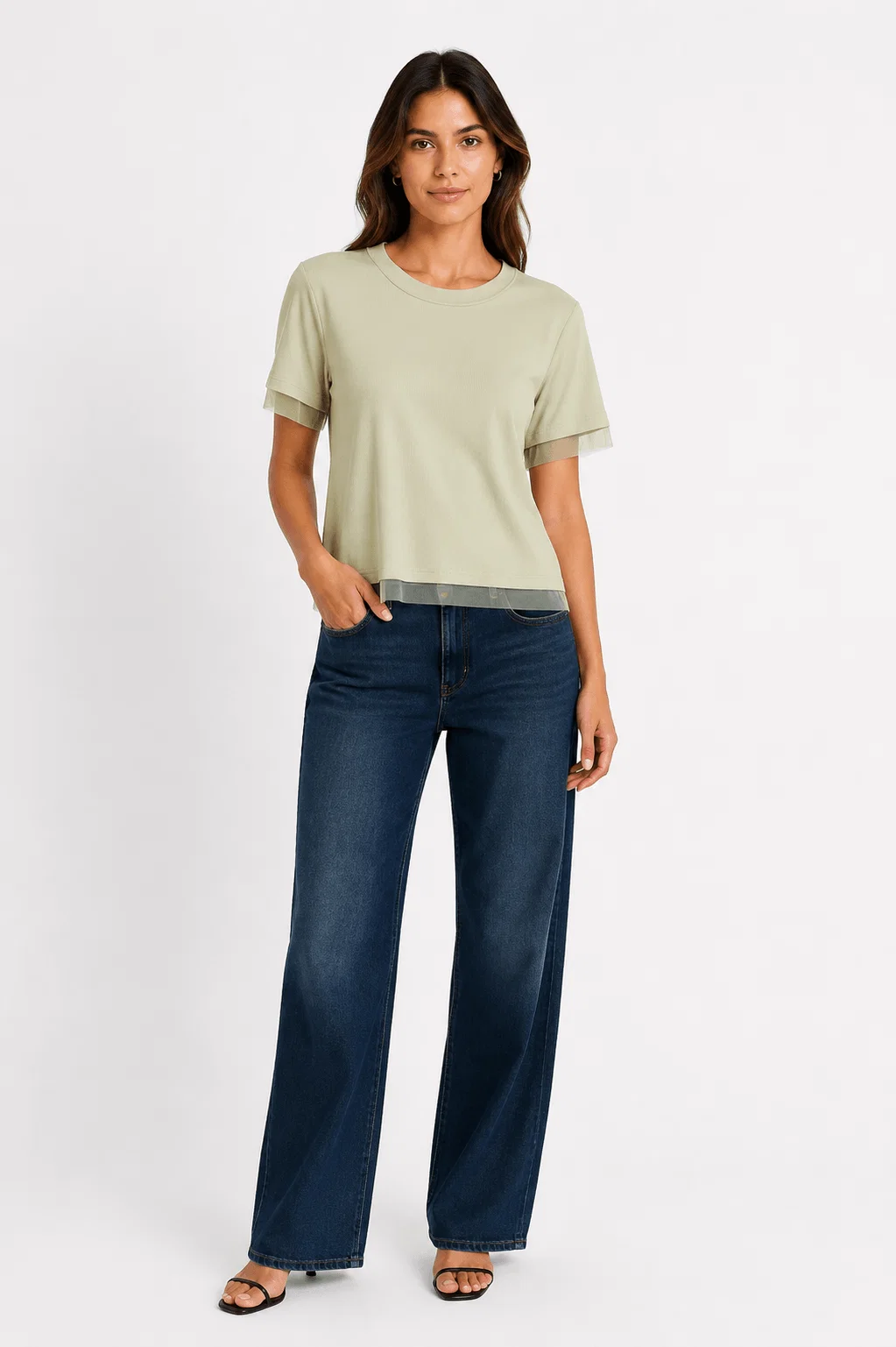 Blusa Manga Curta Detalhe Tule - Verde