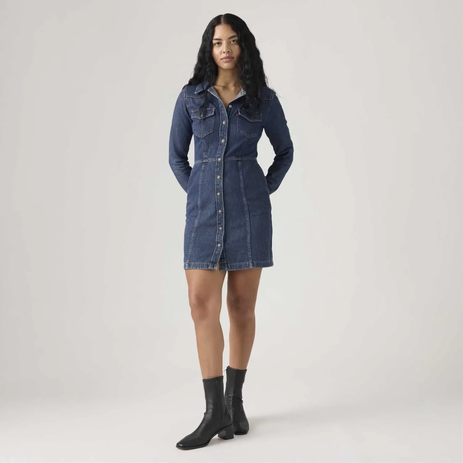 Vestido Jeans Levi's® Flynn Western Lavagem Escura Manga Longa