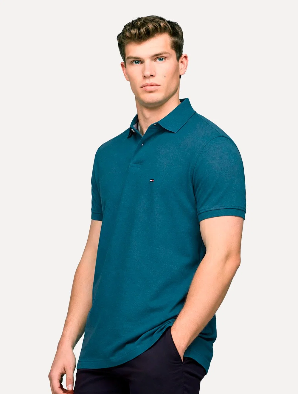 Camisa Polo Tommy Hilfiger Masculina Regular Piquet 1985 Azul Petróleo Mescla — imagem 1