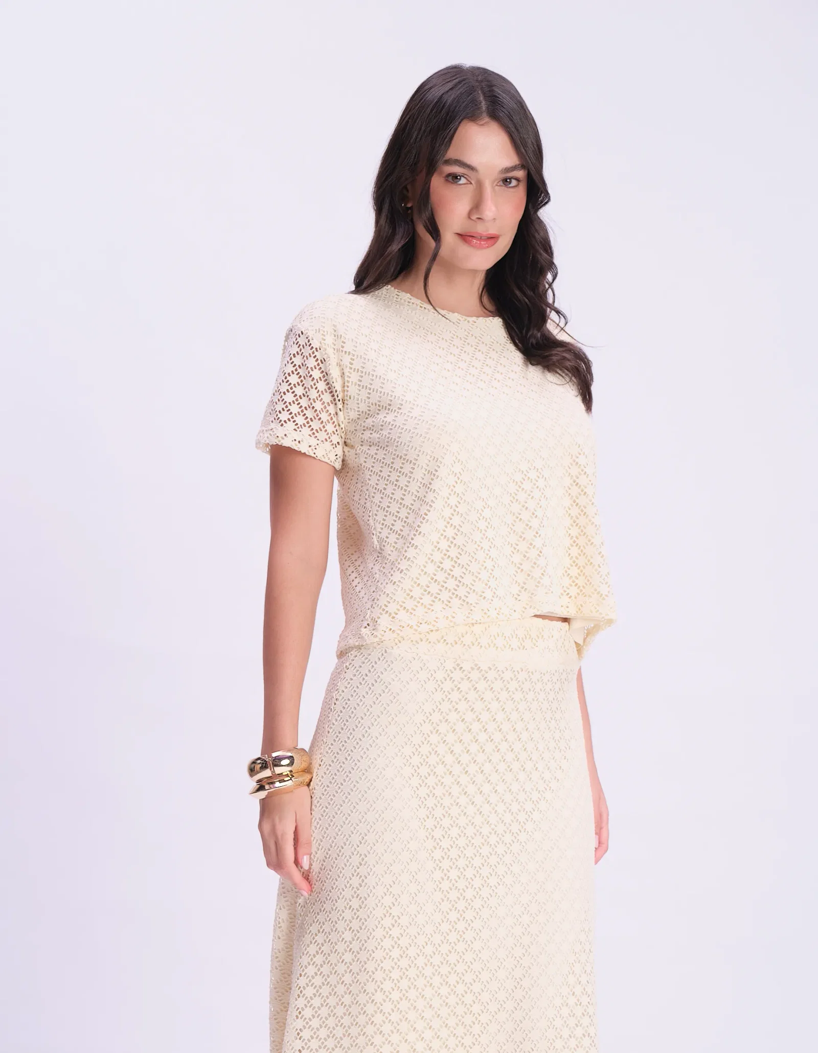 Blusa Renda Textura Geométrica - Areia