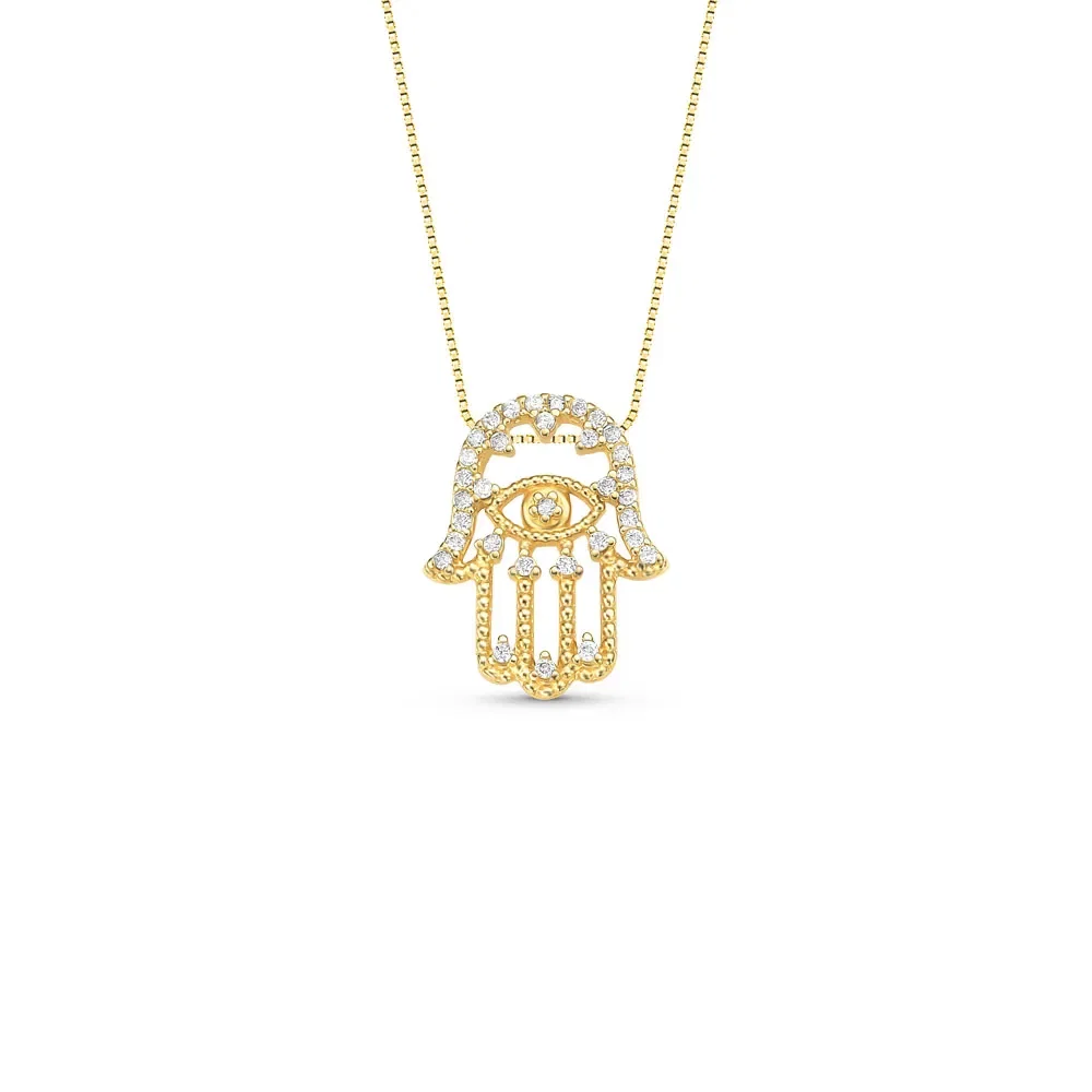 Pingente Medalha Hamsá em Ouro Amarelo 18k com Diamantes, 14mm — imagem 1