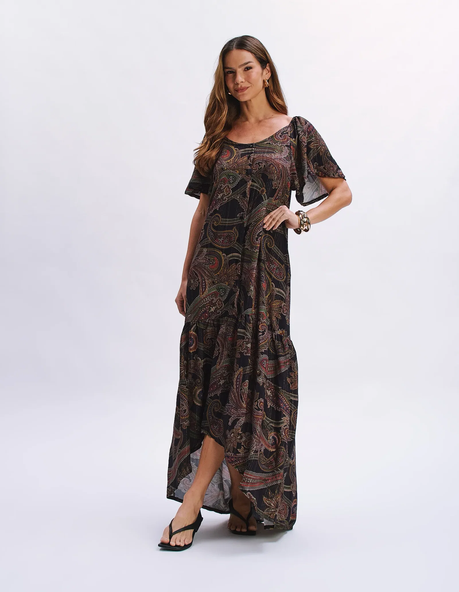 Vestido Estampado Paisley Lurex - Azul Marinho