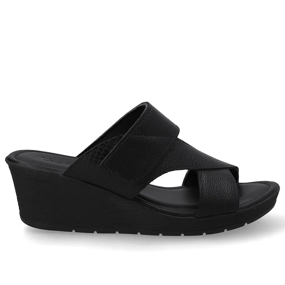Tamanco Anabela Couro Preto Ajuste Fecho-Flex