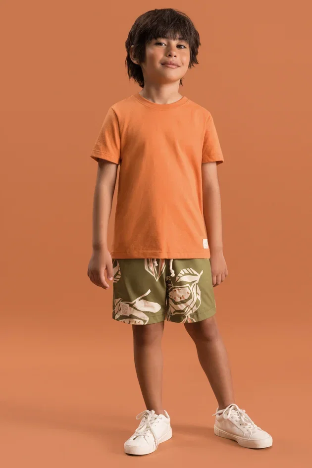 Conjunto Infantil Camiseta em Algodão e Bermuda Tactel Estampada Seca Rápido