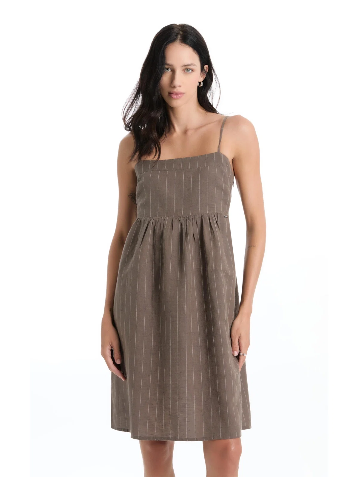 Vestido Wide Stripes Ruching Tabaco