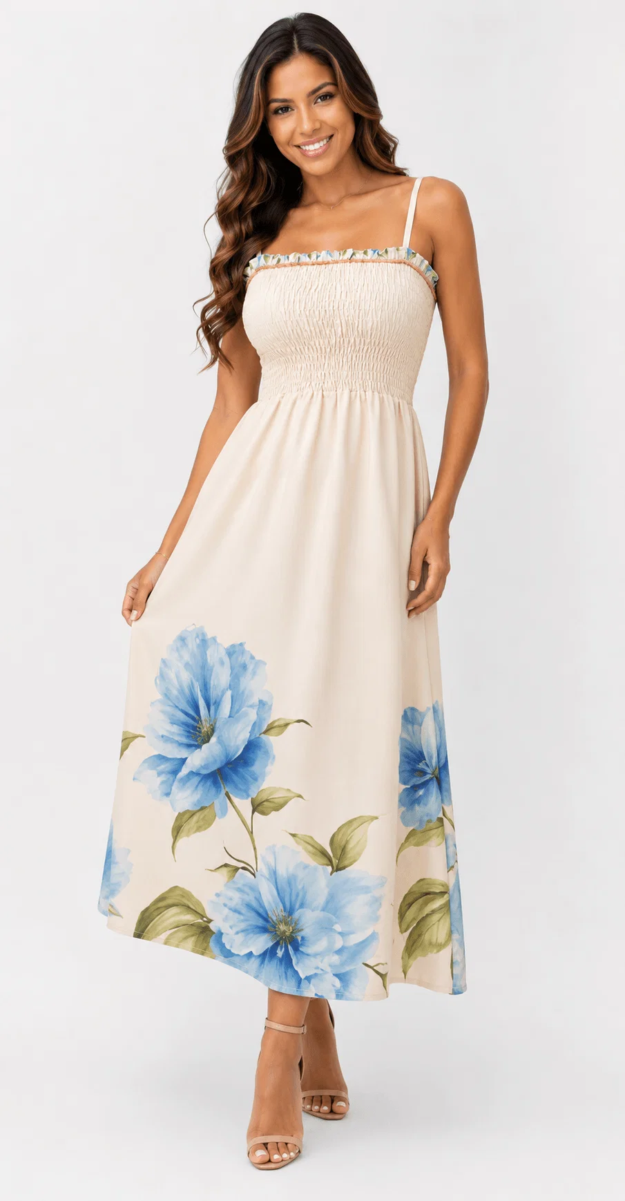Vestido Lastex Estampado Floral Jardim - Areia Com Azul — imagem 1
