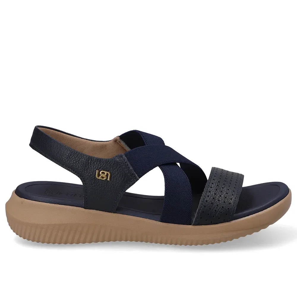 Sandália Bico Redondo Couro Azul Elástico — imagem 1