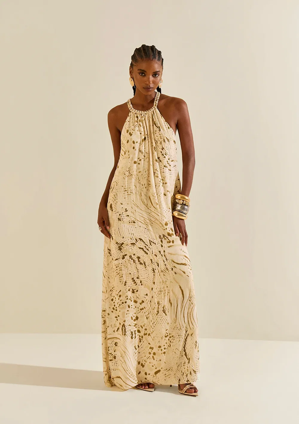 Vestido Morena Rosa Solto Decote V Sem Manga Longo Off White