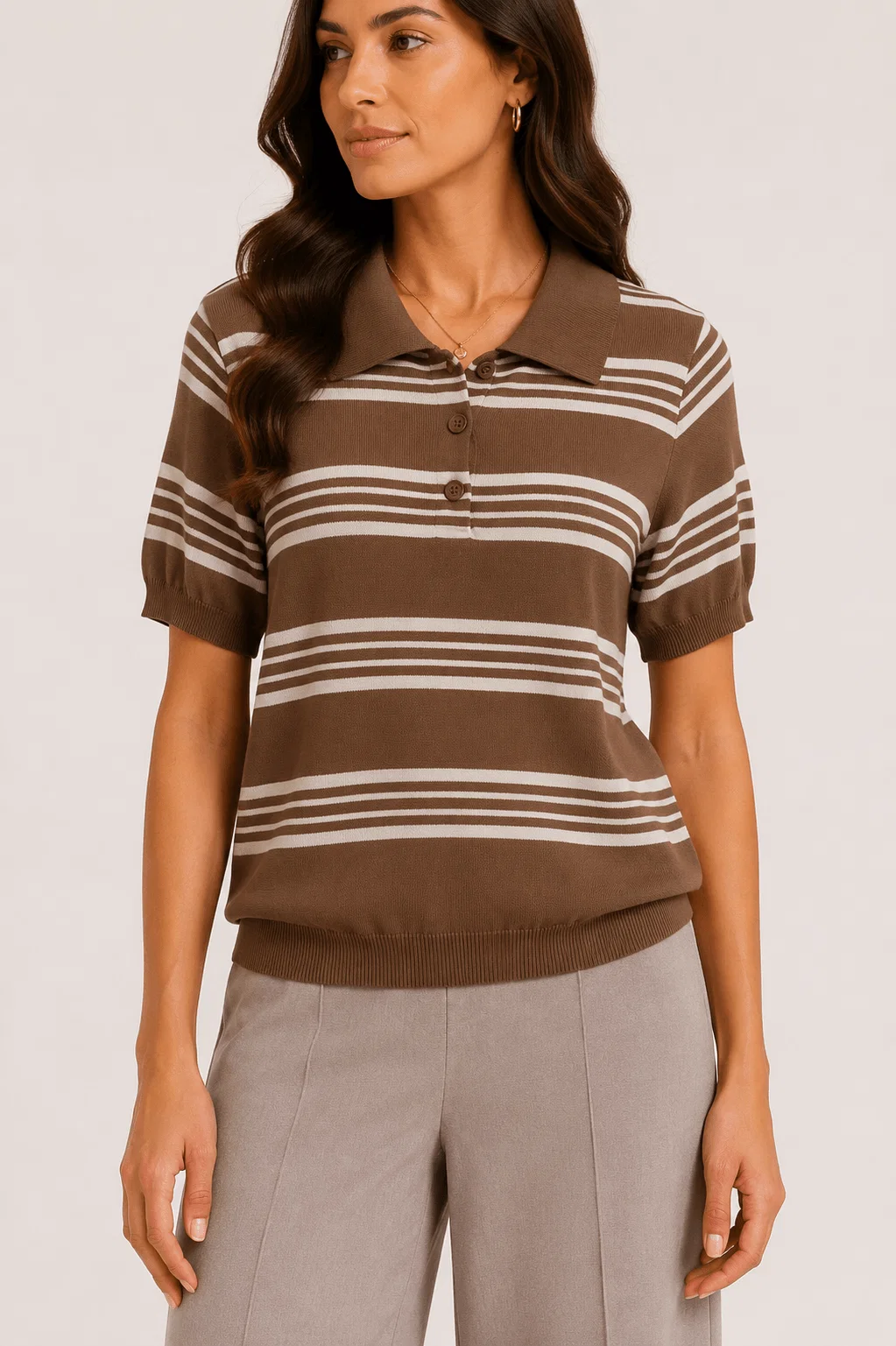 Blusa Manga Curta Polo Listrada - Bege — imagem 1