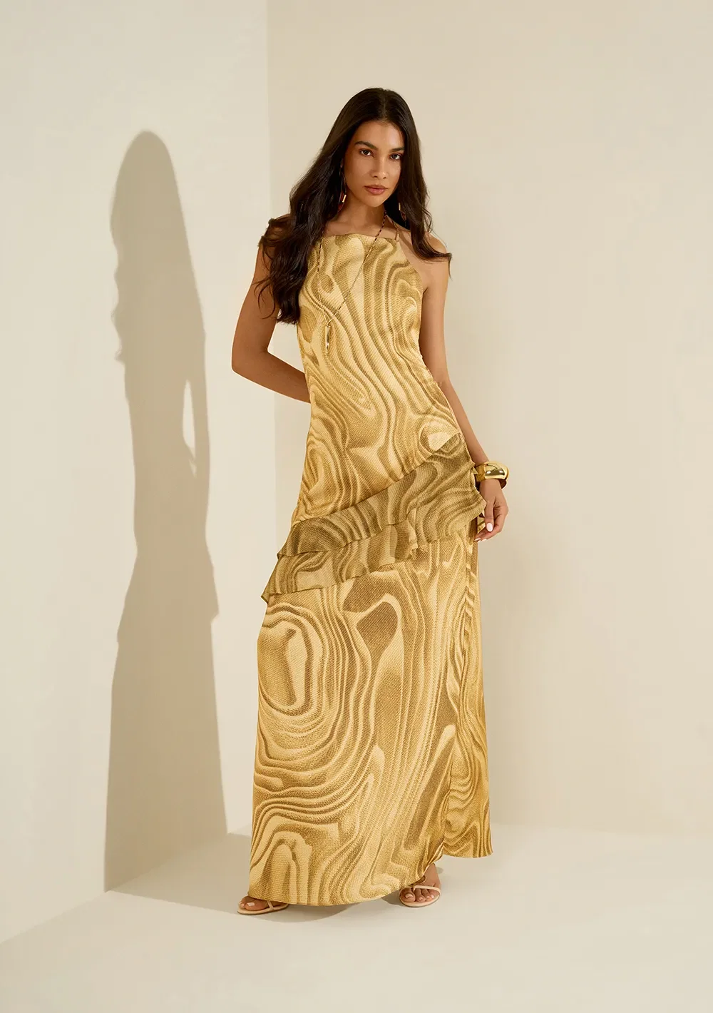 Vestido Morena Rosa Ajustado Decote Costas Com Alça Longo Amarelo