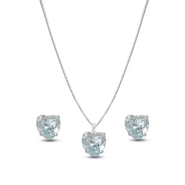 Conjunto Prata leve Coração Zircônia Azul