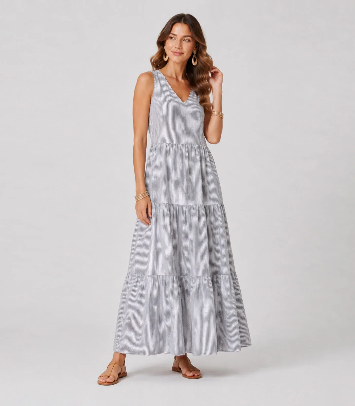 Vestido Midi Feminino Listrado Aishty Preto