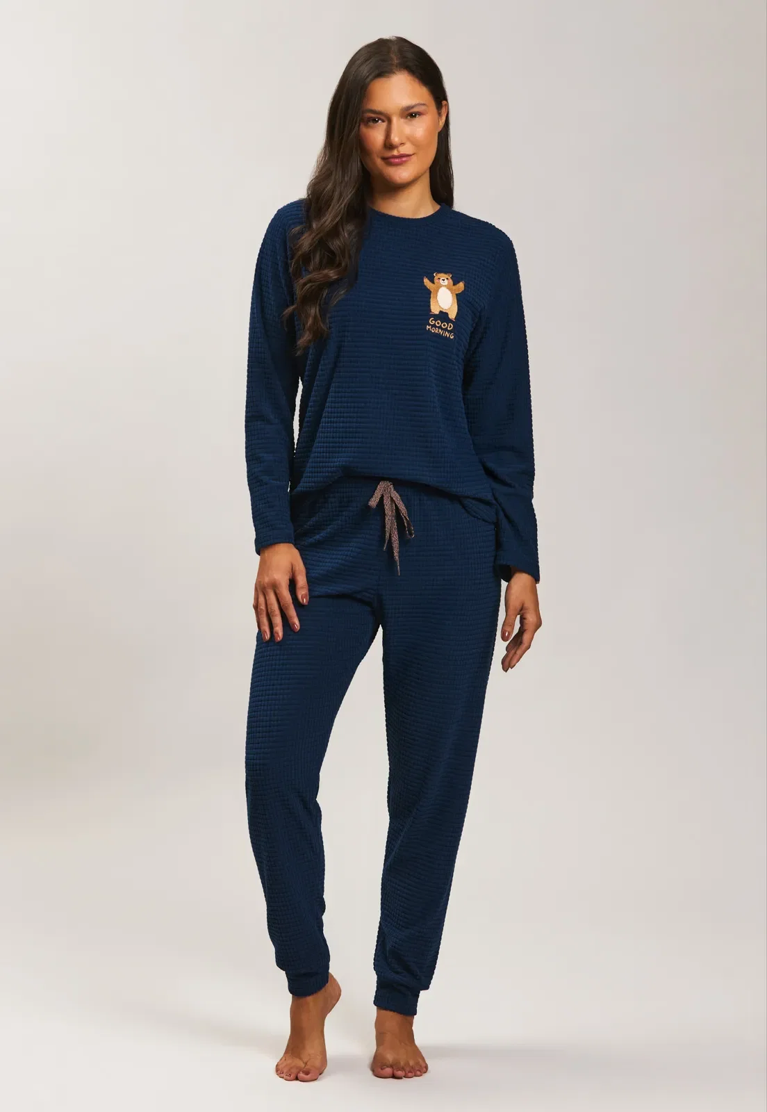 Pijama Blusa Longa Com Calça Soft Grid Baunilha
