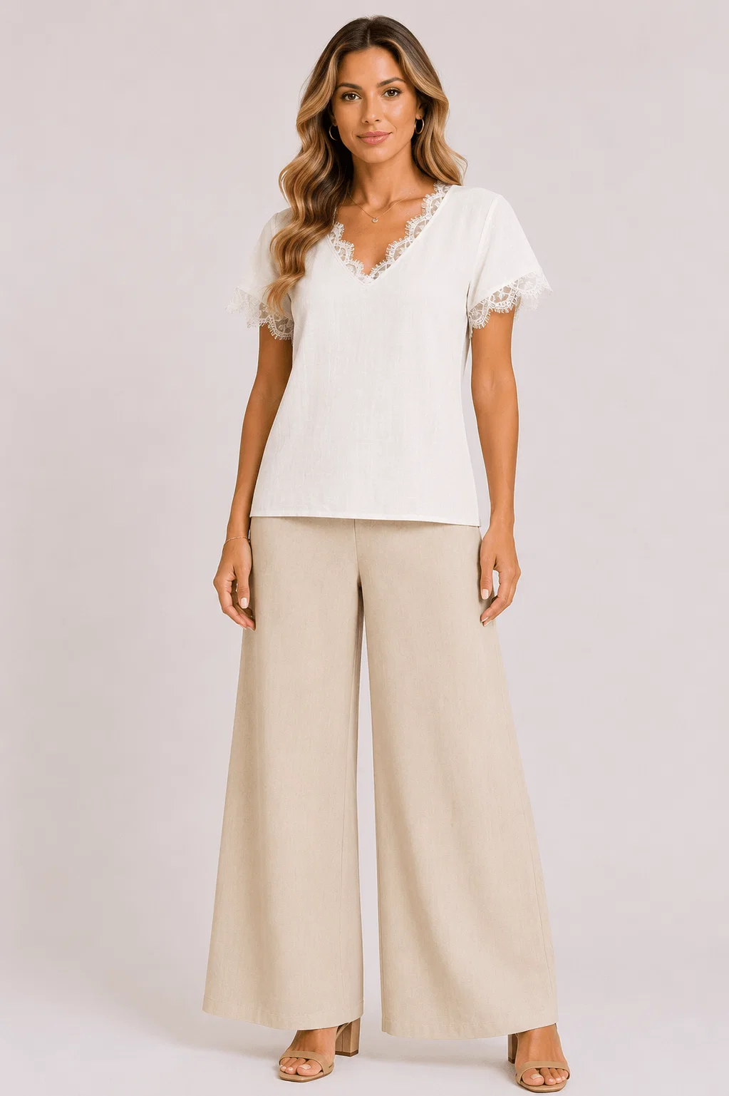 Blusa Manga Curta Decote v Detalhe Renda - Branco
