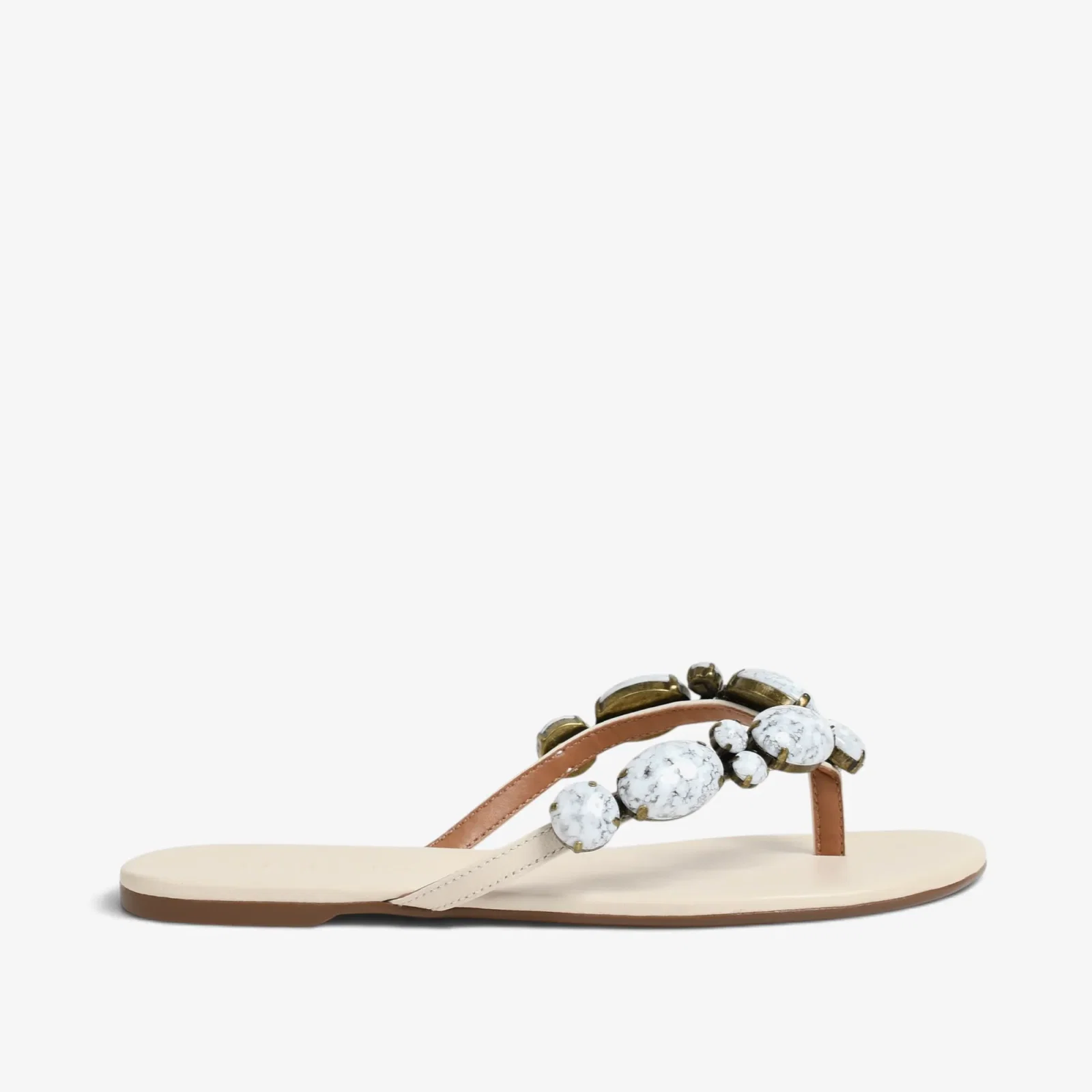 Chinelo Flat Off White Algodão Couro