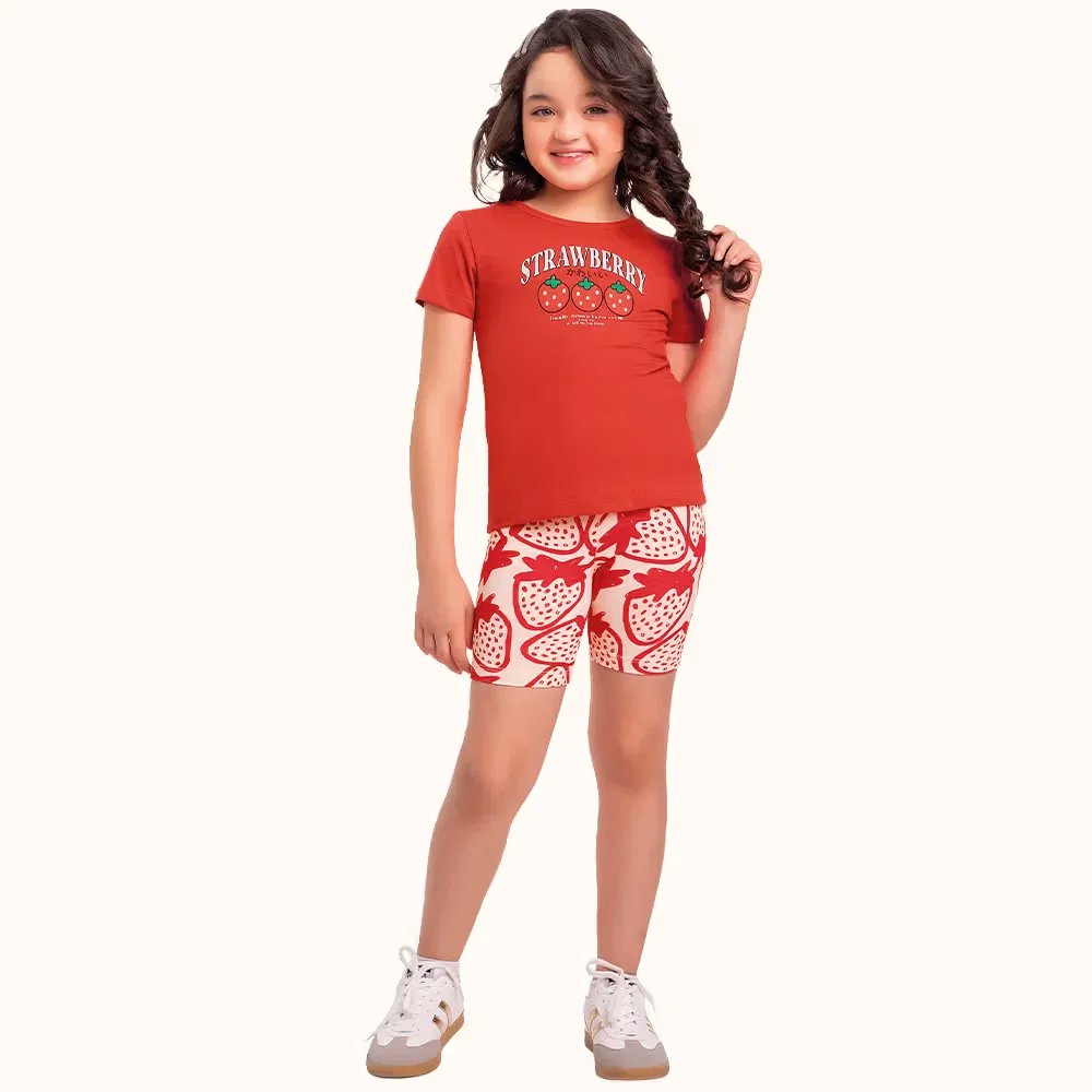Conjunto blusa em meia malha e bermuda ciclista em cotton morango