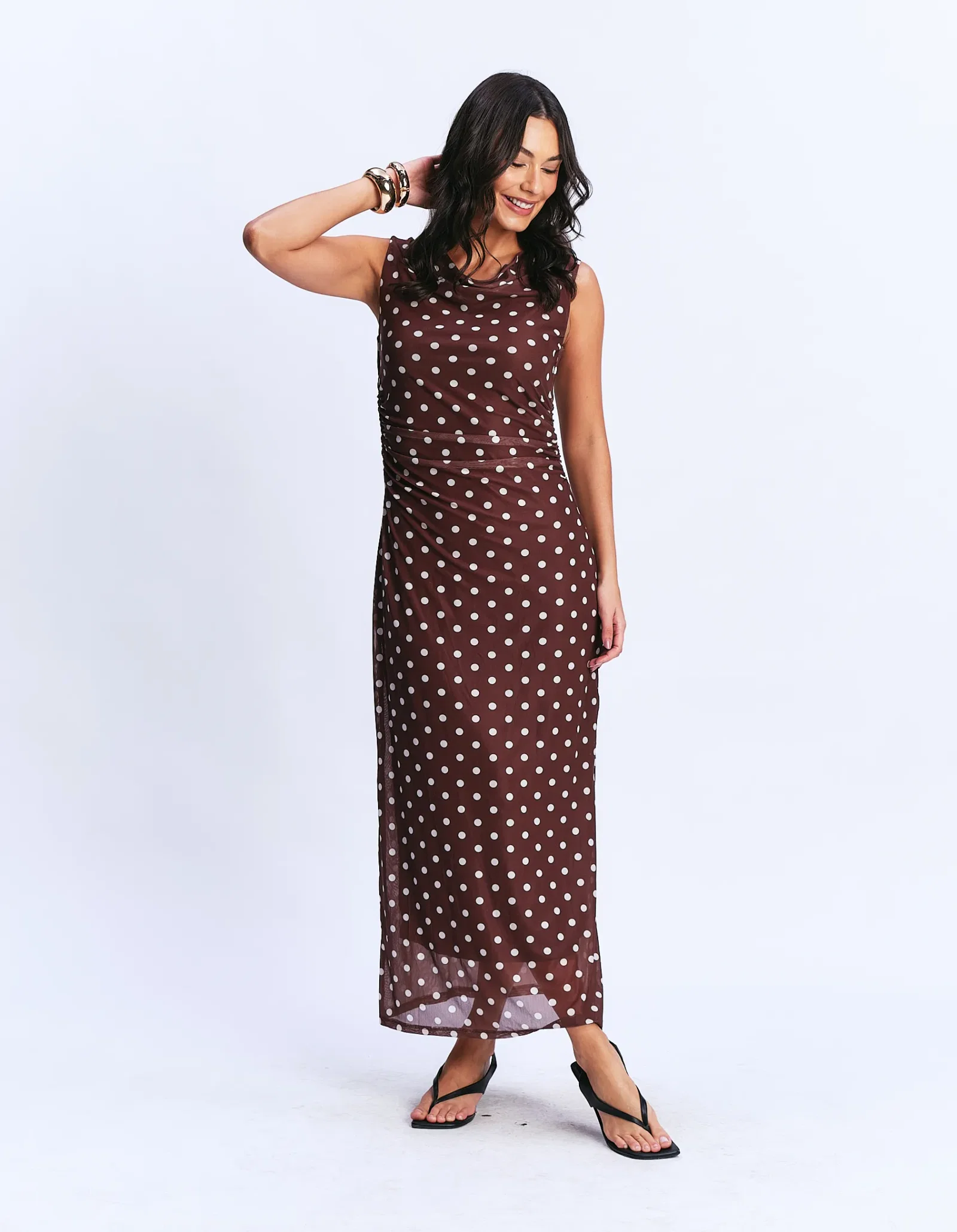 Vestido Longo Poá Decote Degagê - Cafe — imagem 1