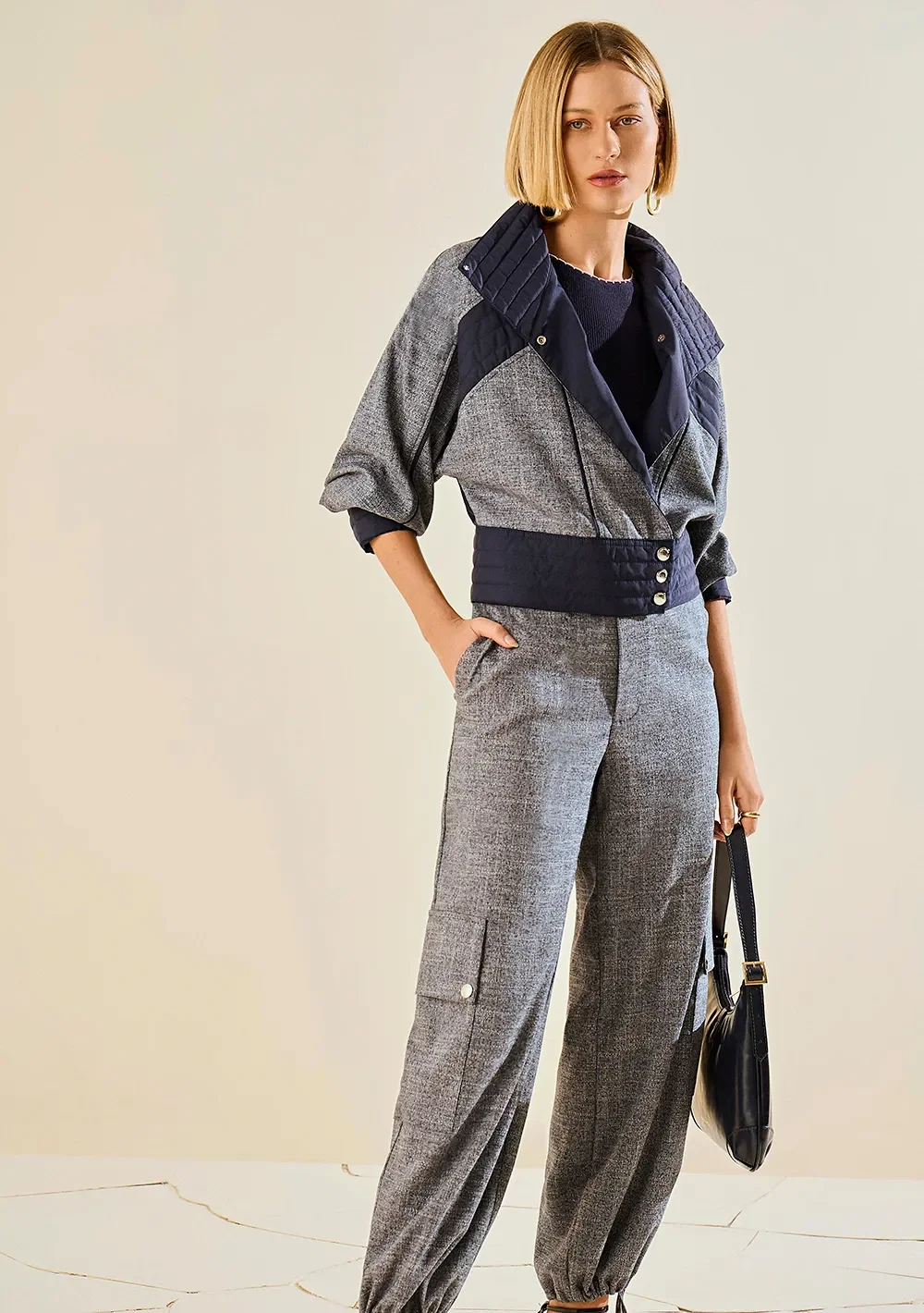 Conjunto Morena Rosa Jaqueta Manga Longa Calça Cargo Cintura Alta Azul Marinho