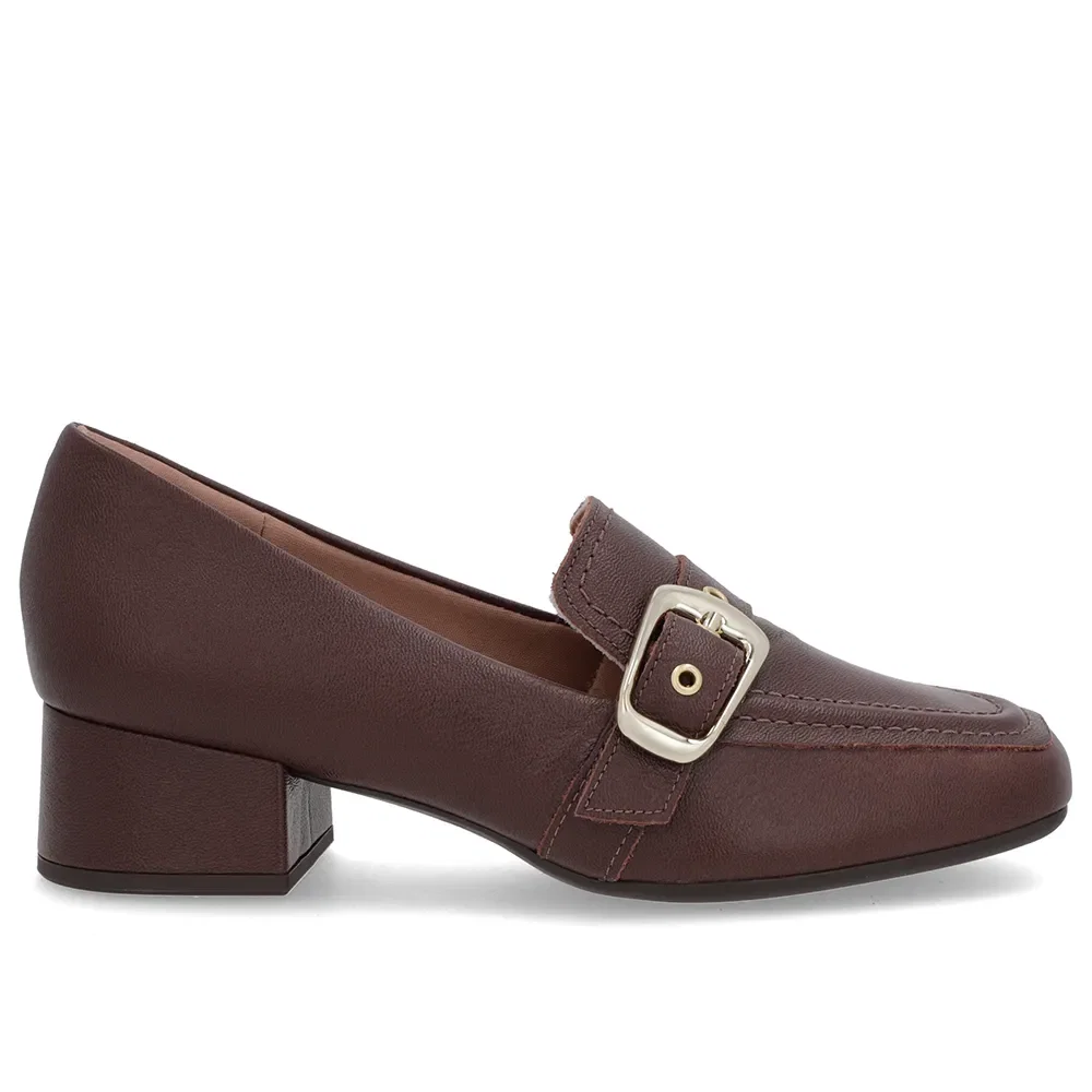 Loafer Marrom Couro Bico Quadrado Fivela