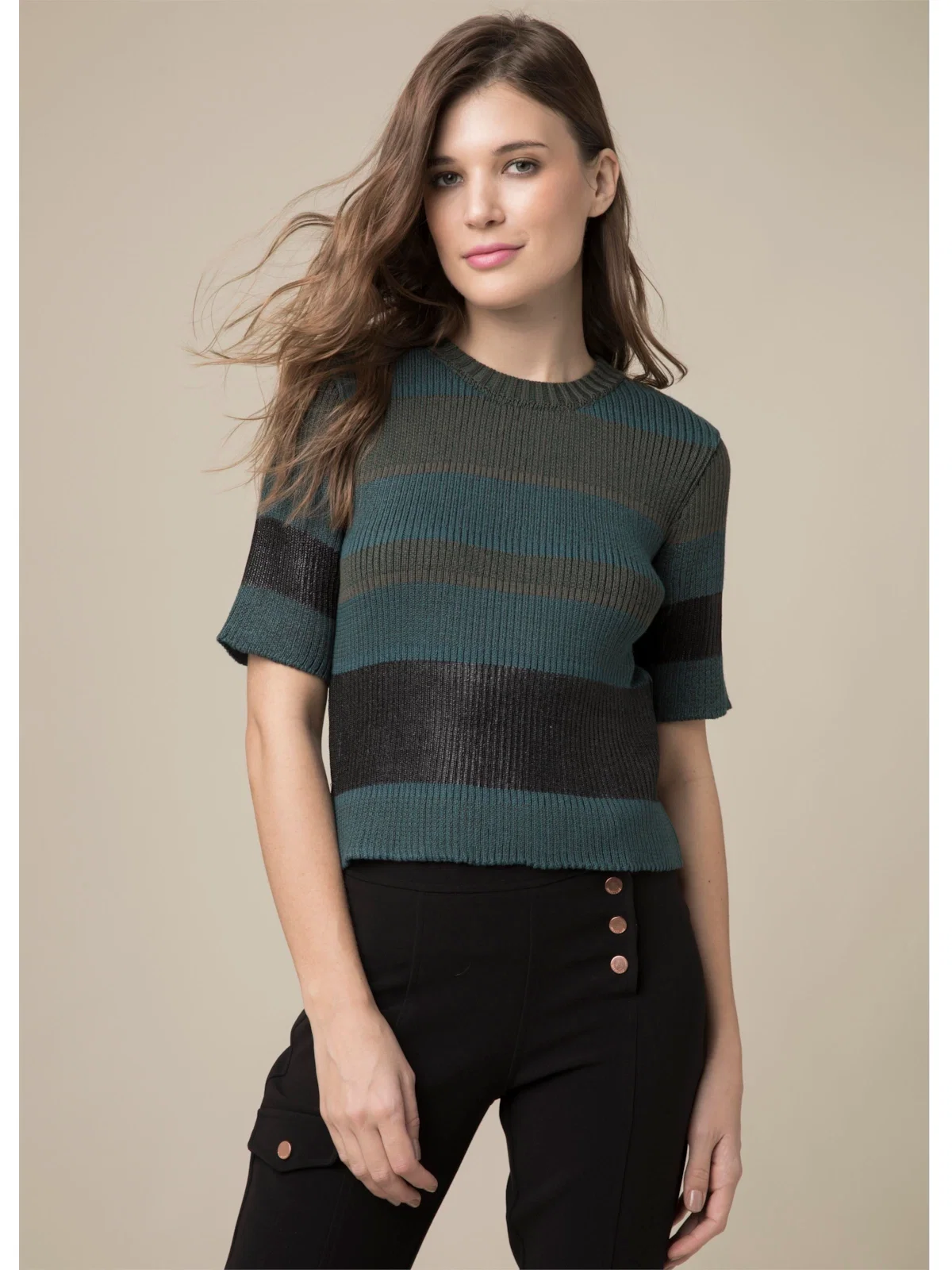 Blusa Listrada Com Foil Manga Curta Musgo