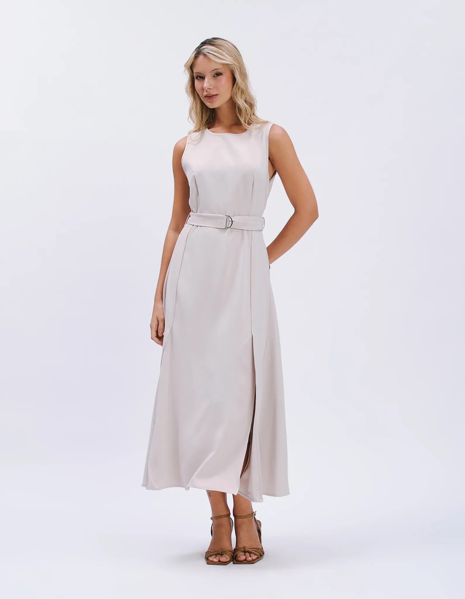 Vestido Midi Cinto Faixa - Areia — imagem 1
