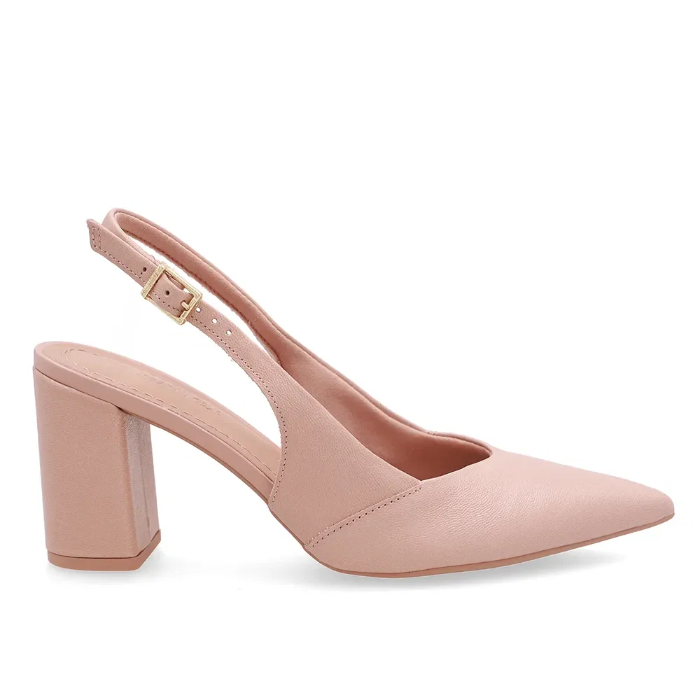 Slingback Salto Bloco Em Couro Bege Com Bico Fino — imagem 1