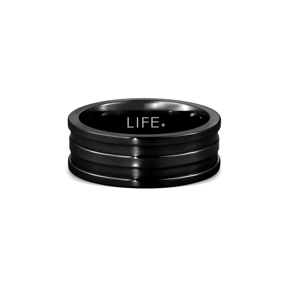 Anel Life Masculino Dois Frisos em Aço Preto