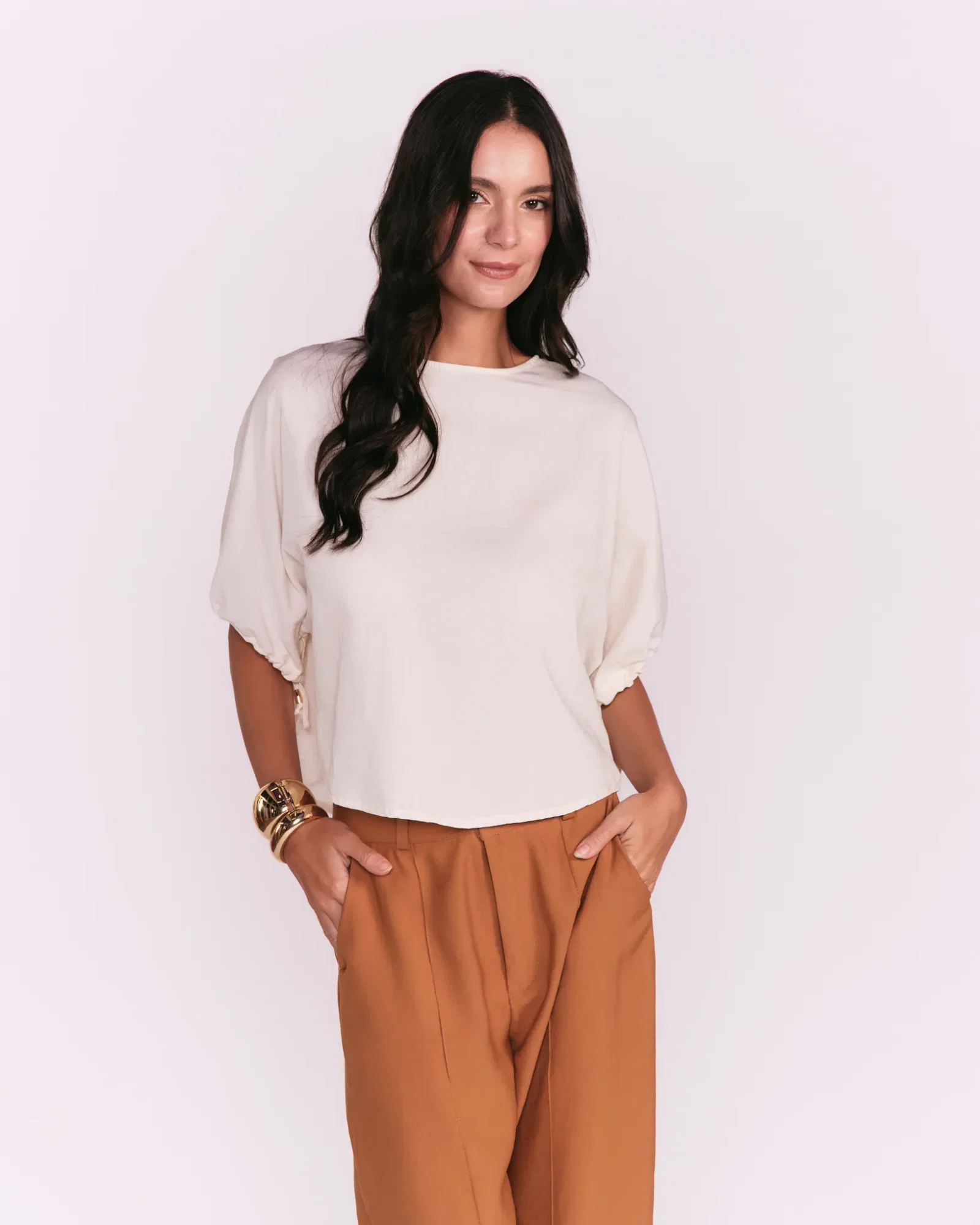 Blusa Ampla Viés Amarração Manga - Areia