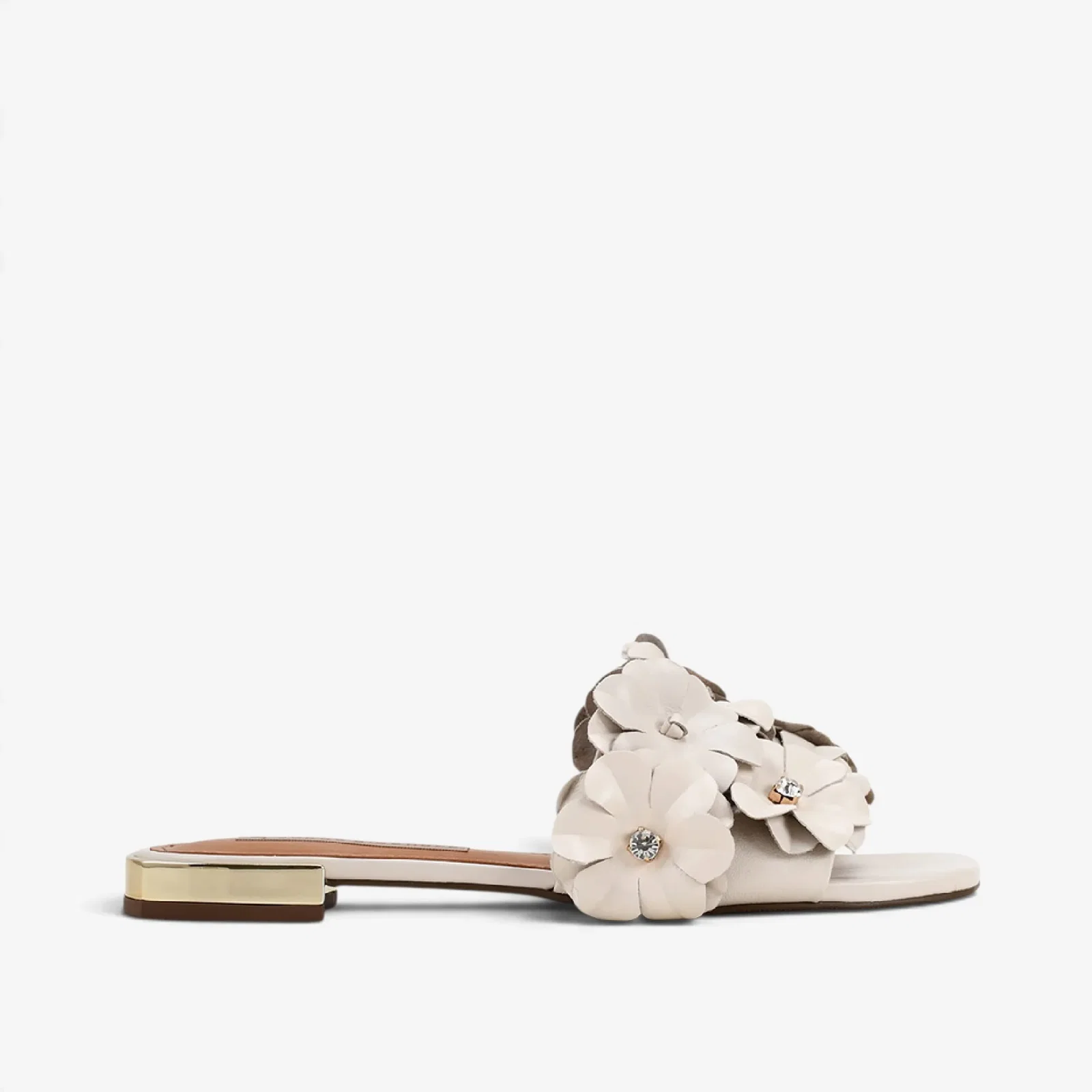 Chinelo Slide Flor Off White Algodão Couro