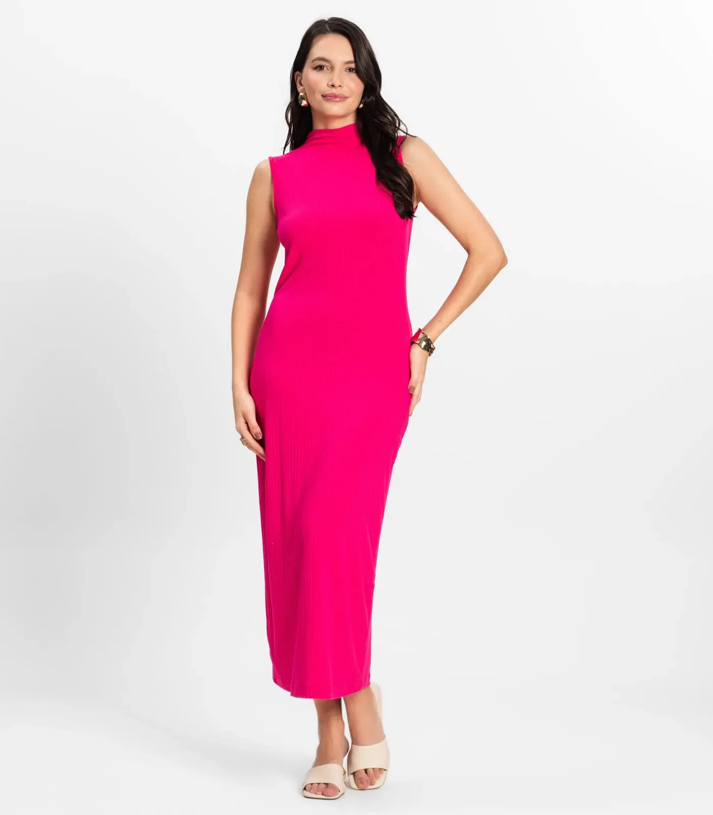 Vestido Midi Ribana Canelada Rovitex Rosa — imagem 1