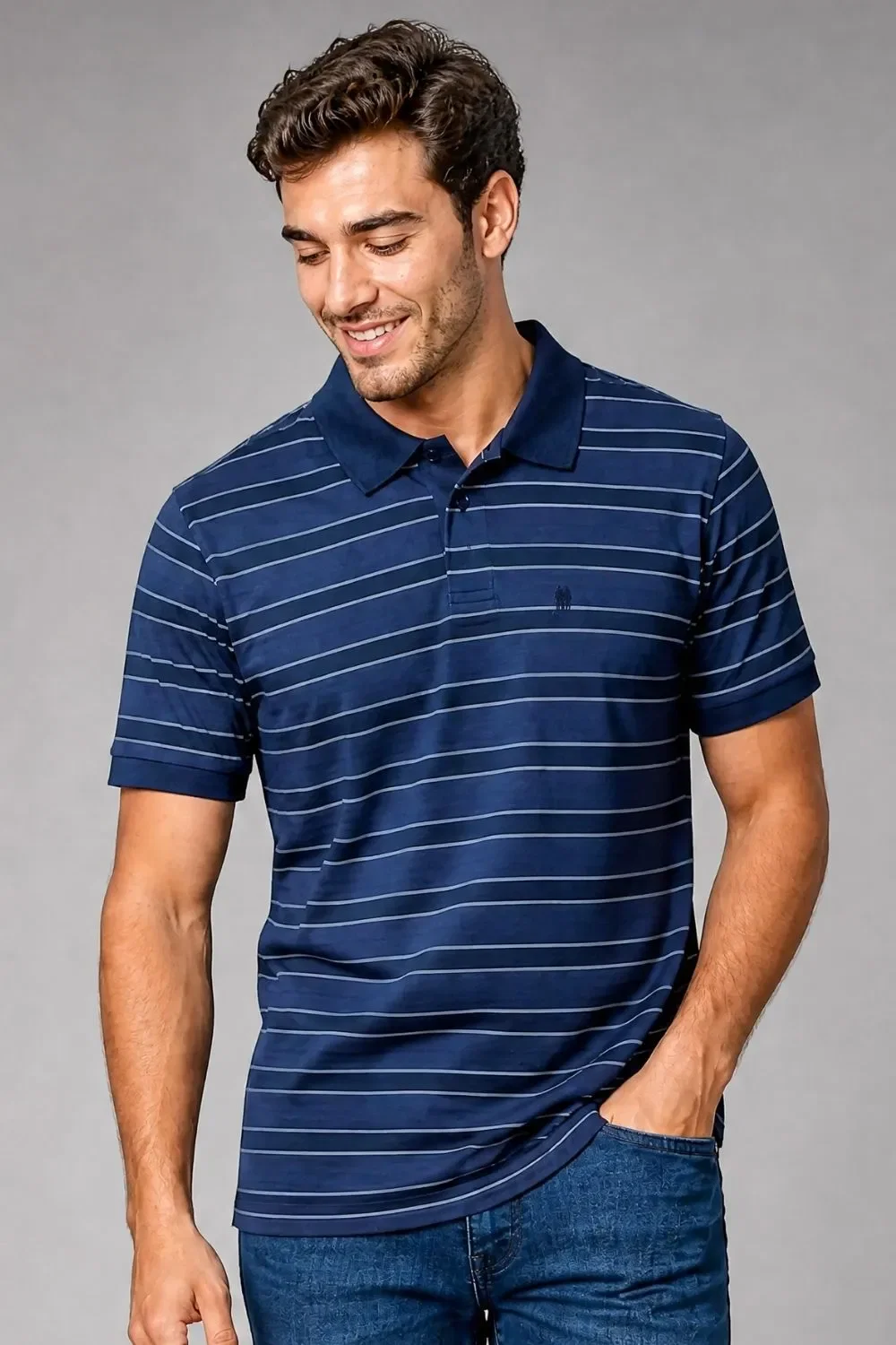 Polo Piquet Masculina Listrada Polo Wear Azul Escuro