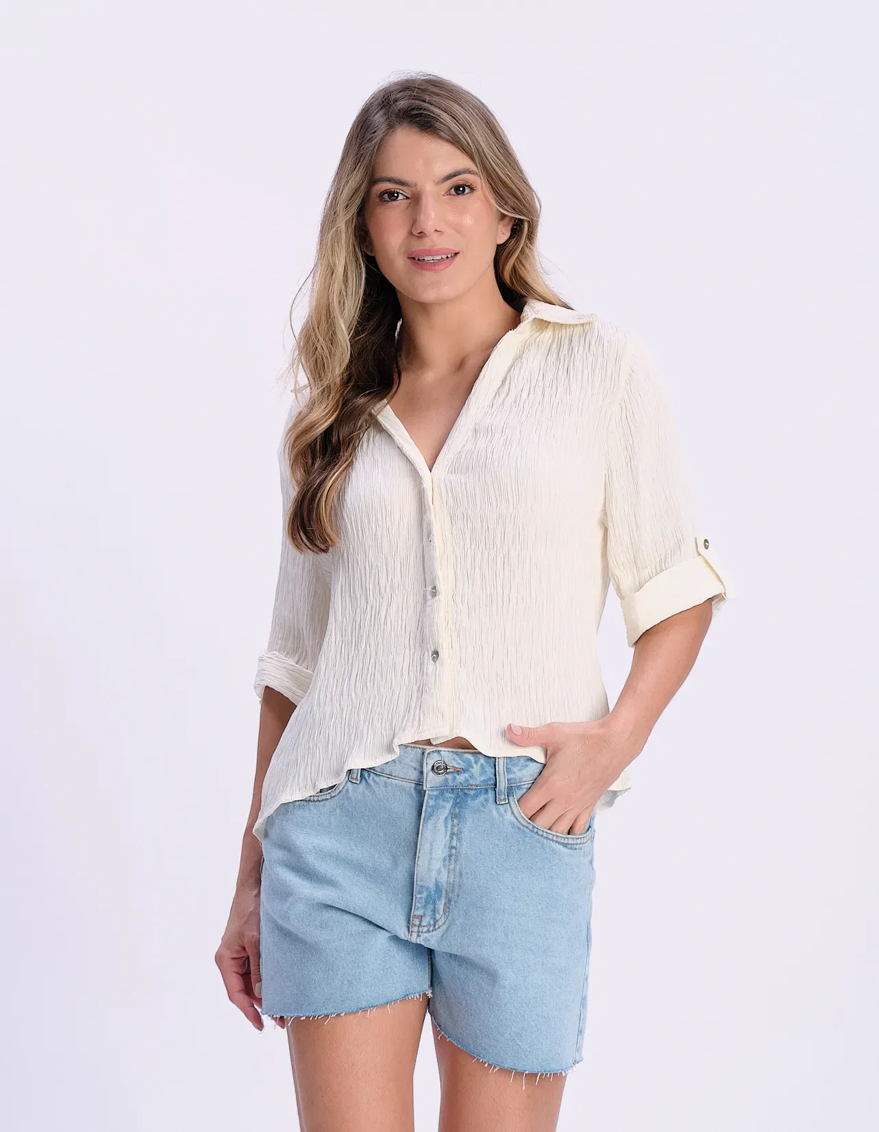 Camisa Ampla Textura Com Botões - Off White