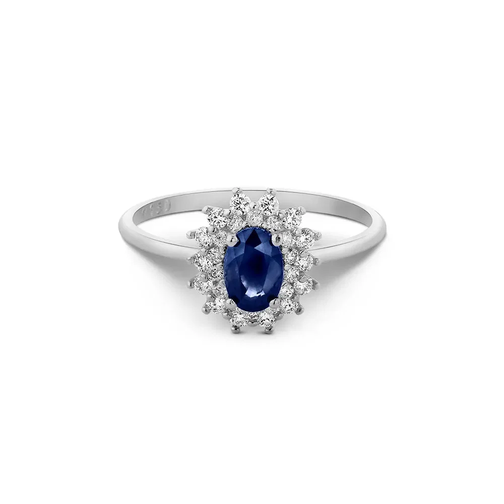 Anel Classic Oriental em Ouro Branco 18k com Safira e Diamantes