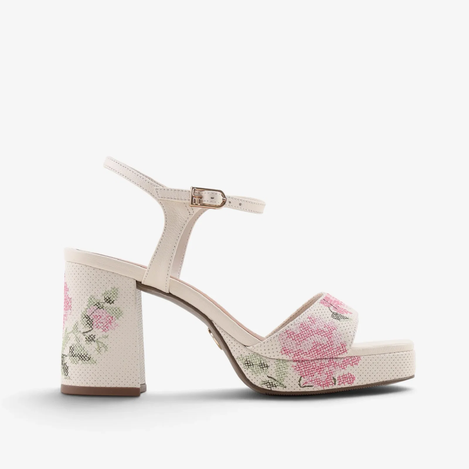Sandália Salto Bloco Flor Off White Algodão Couro