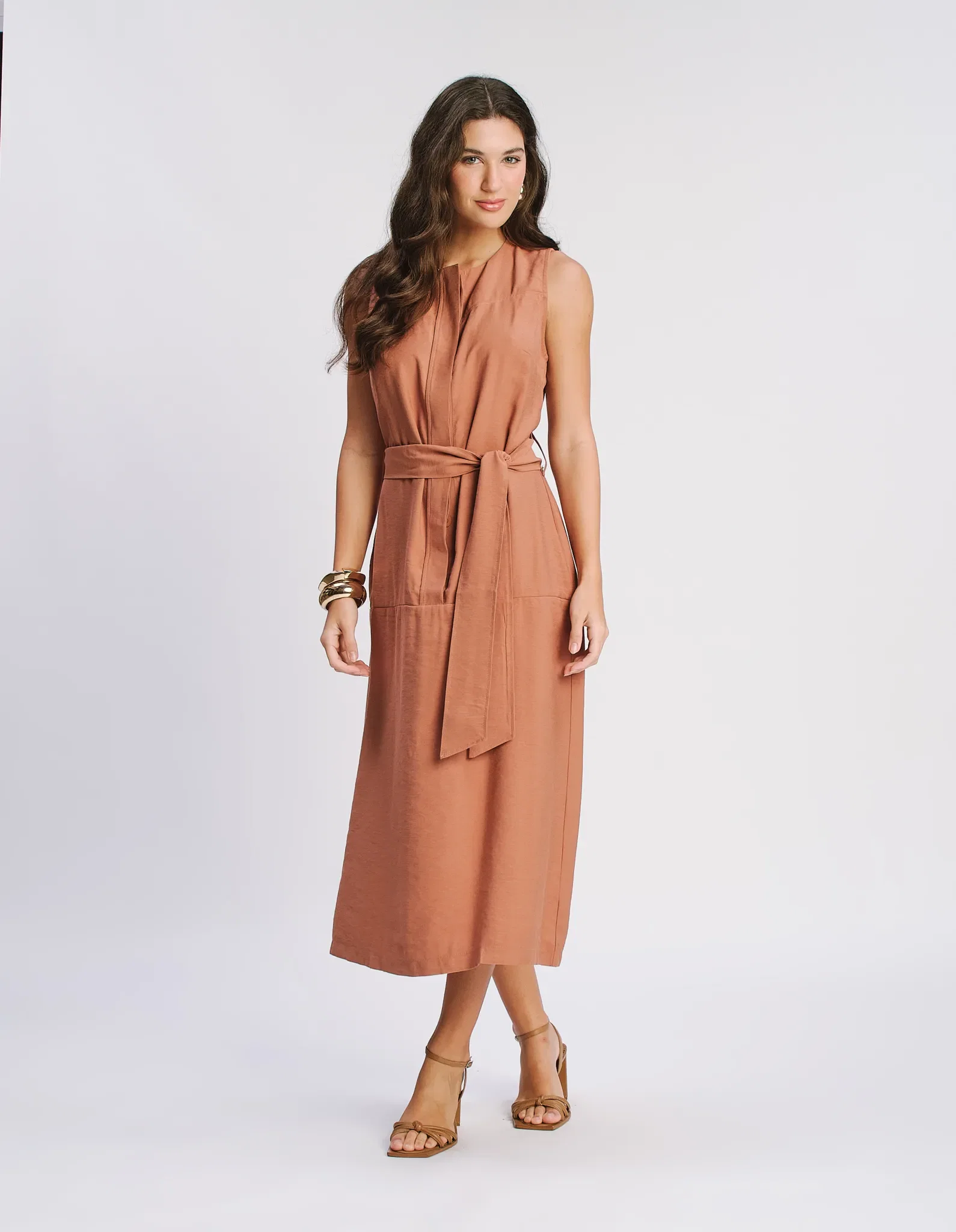 Vestido Sem Manga Faixa Amarração - Marrom