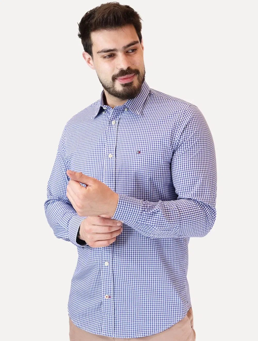 Camisa Tommy Hilfiger Masculina Xadrez Gingham Branca / Azul Médio
