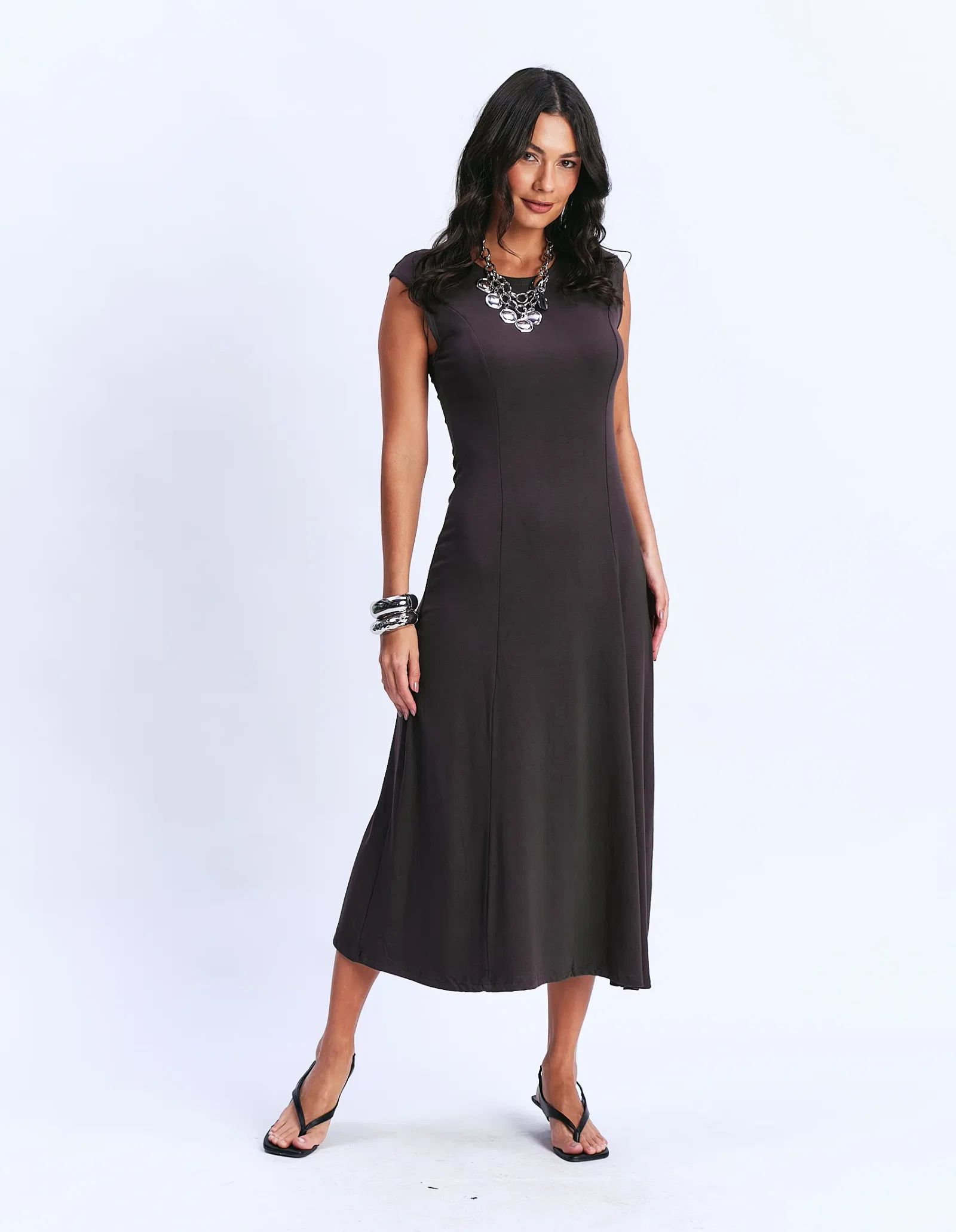 Vestido Longo Sem Mangas Recortes - Cinza — imagem 1