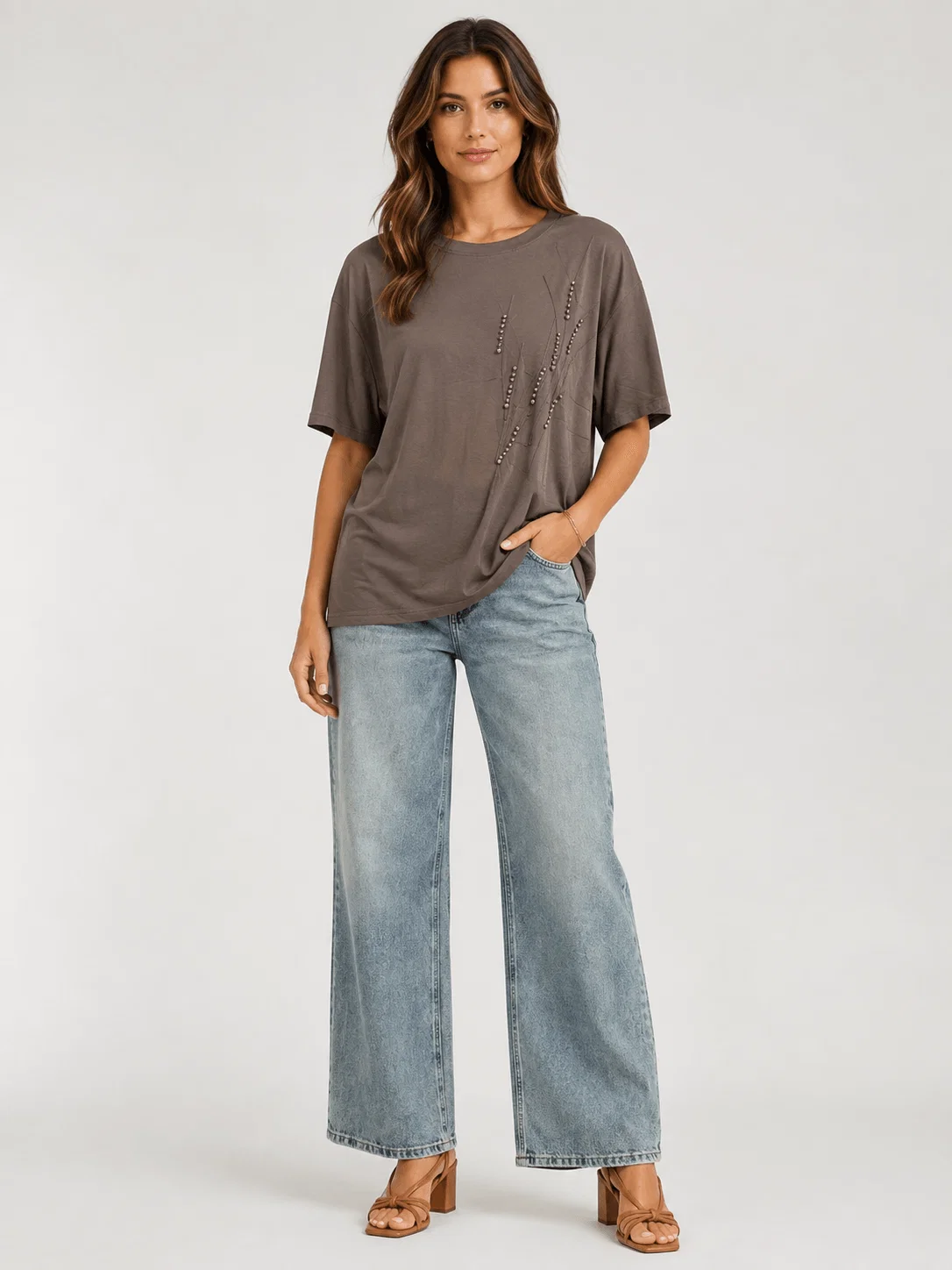 Blusa Ampla Bordado Pérolas - Caqui