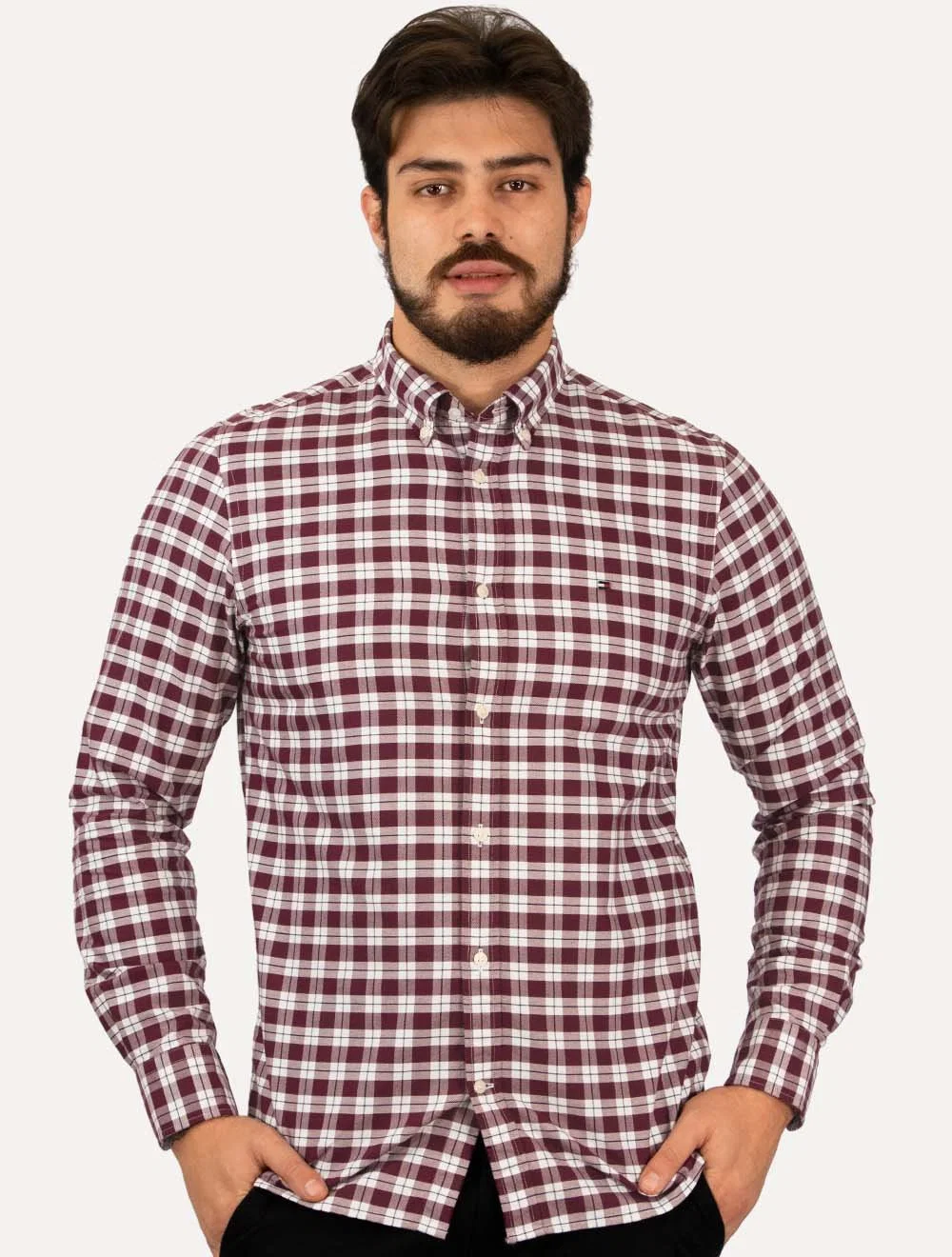Camisa Tommy Hilfiger Masculina Slim Small Check Heritage Marsala — imagem 1