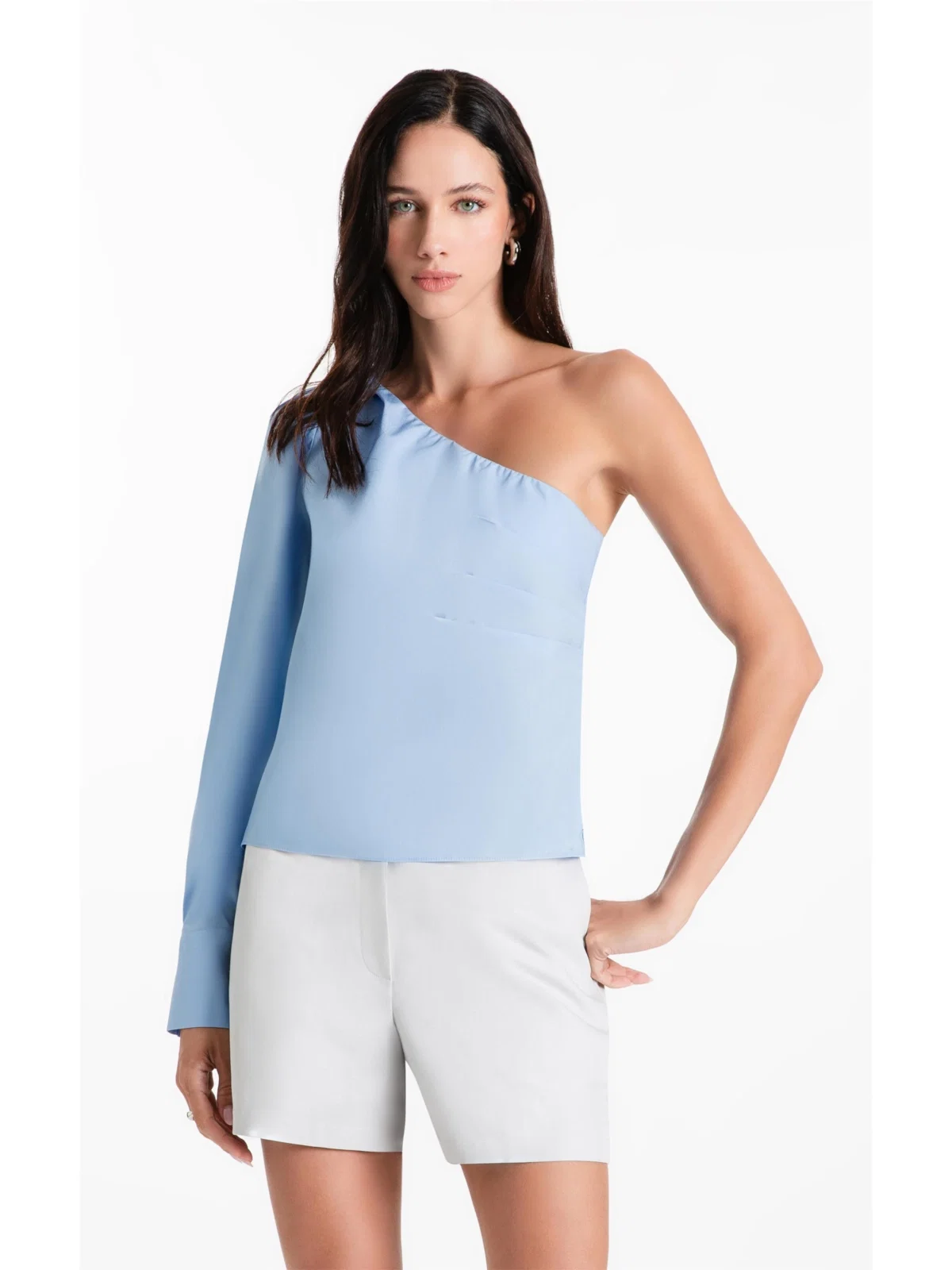Blusa Tricoline One Shoulder Azul Claro — imagem 1