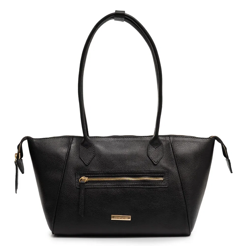 Bolsa Ombro Couro Zíper Preto