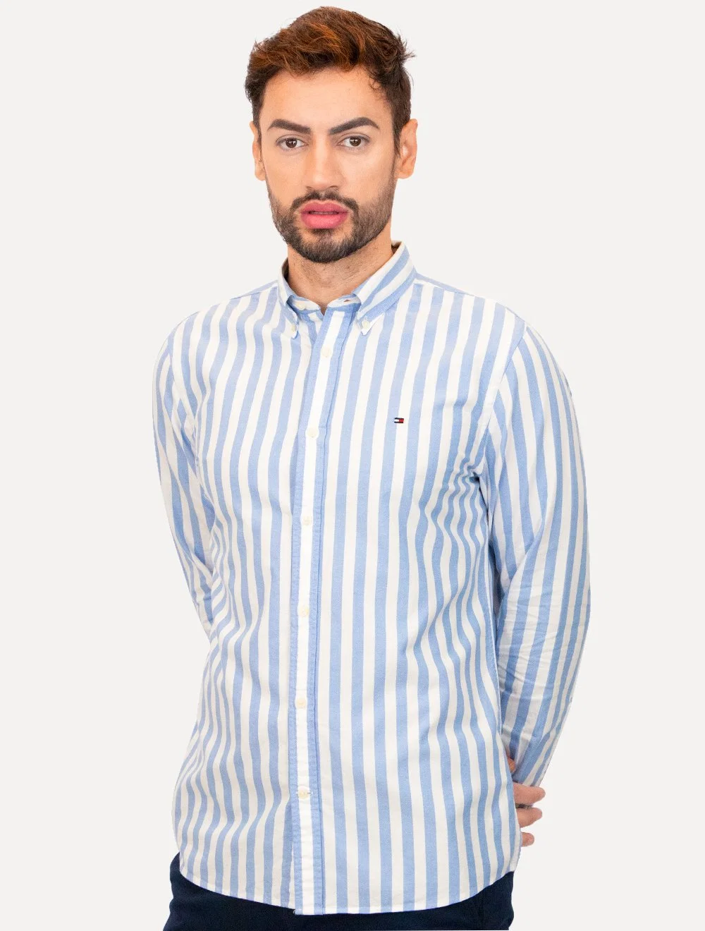 Camisa Tommy Hilfiger Masculina Oxford Slim Bold Stripe Azul Médio — imagem 1