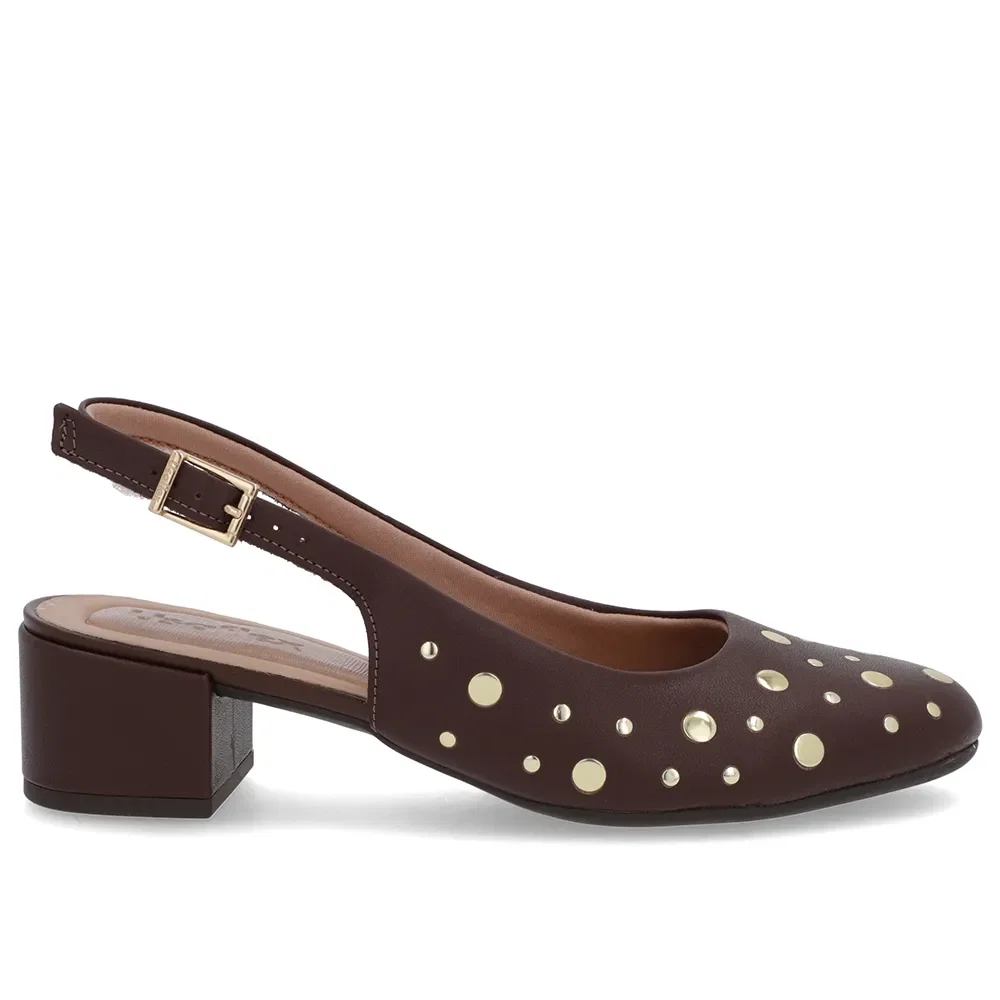 Slingback Marrom Bico Redondo Couro Laser Tachas — imagem 1