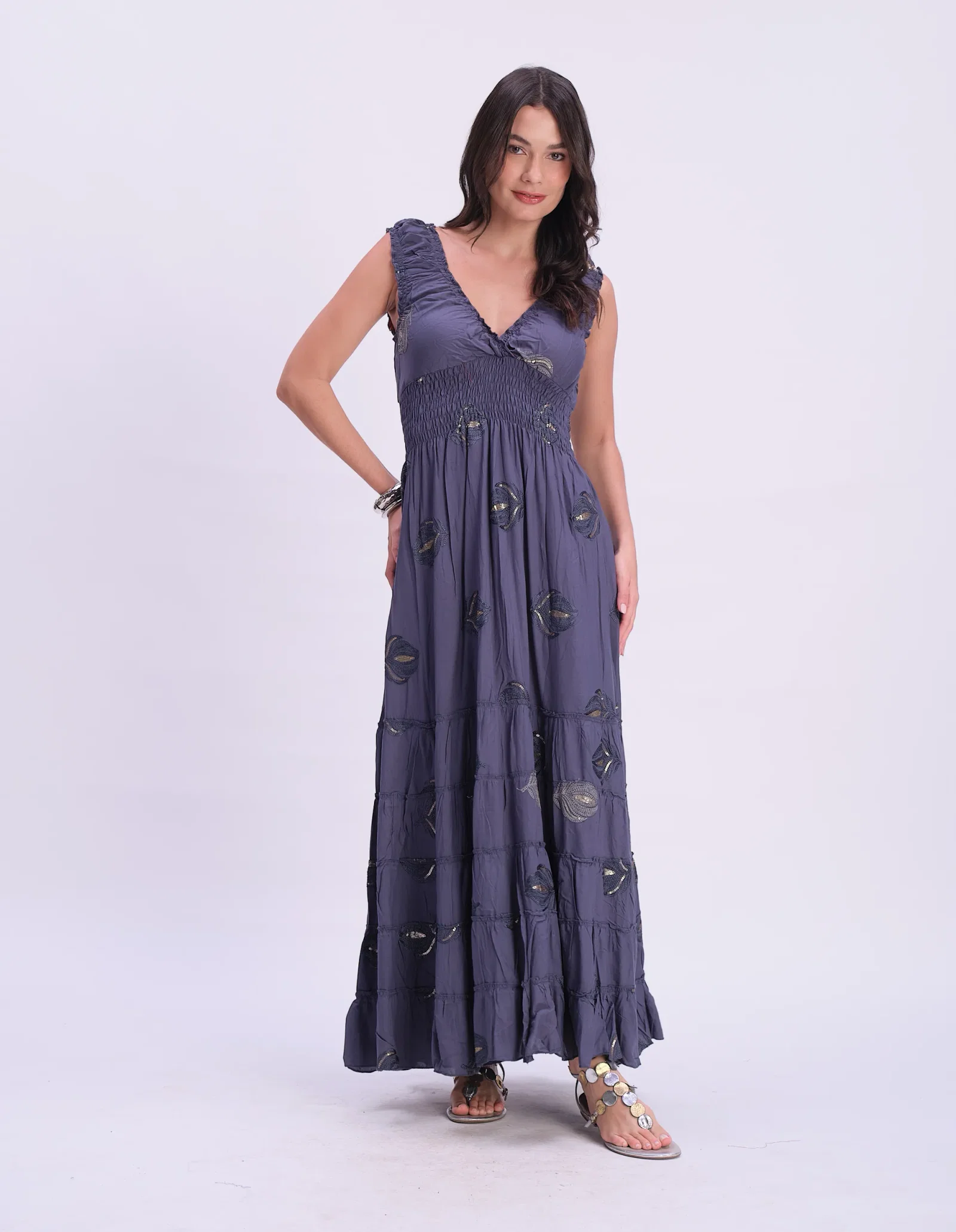 Vestido Longo Detalhe Bordado Paetê - Azul — imagem 1