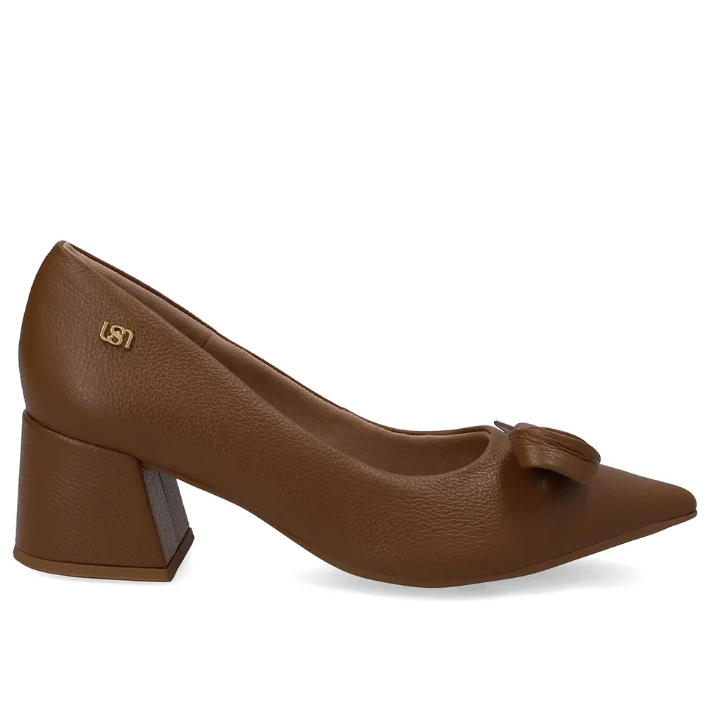 Scarpin Marrom Bico Fino Couro Laço — imagem 1