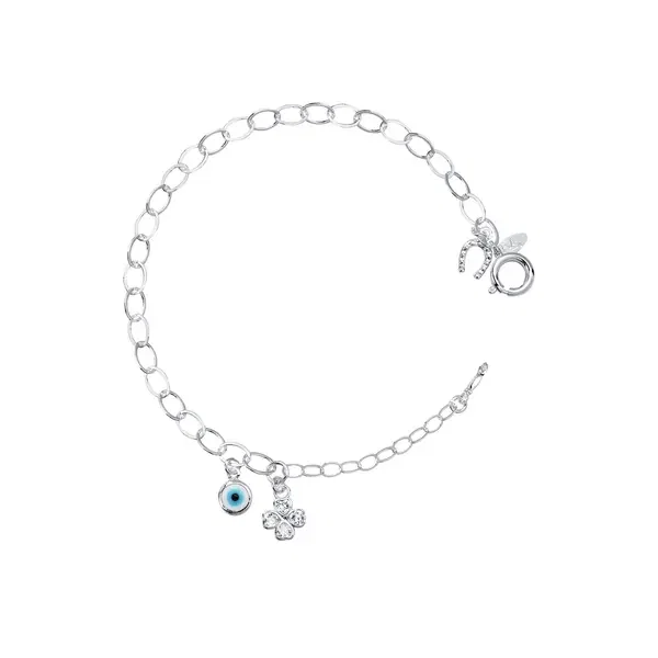 Pulseira Prata Leve Olho Grego Trevo Ferradura e Figa