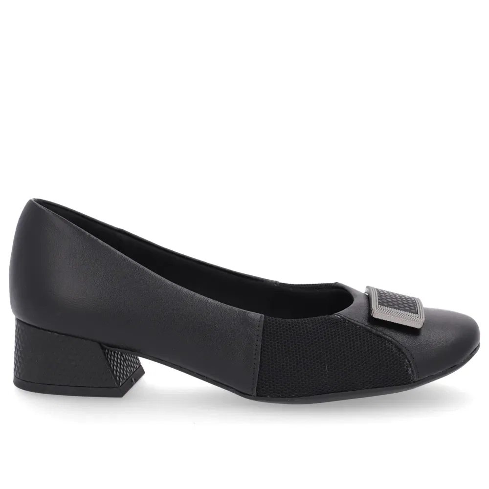 Scarpin Preto Salto Bloco Couro Lateral Tecido — imagem 1